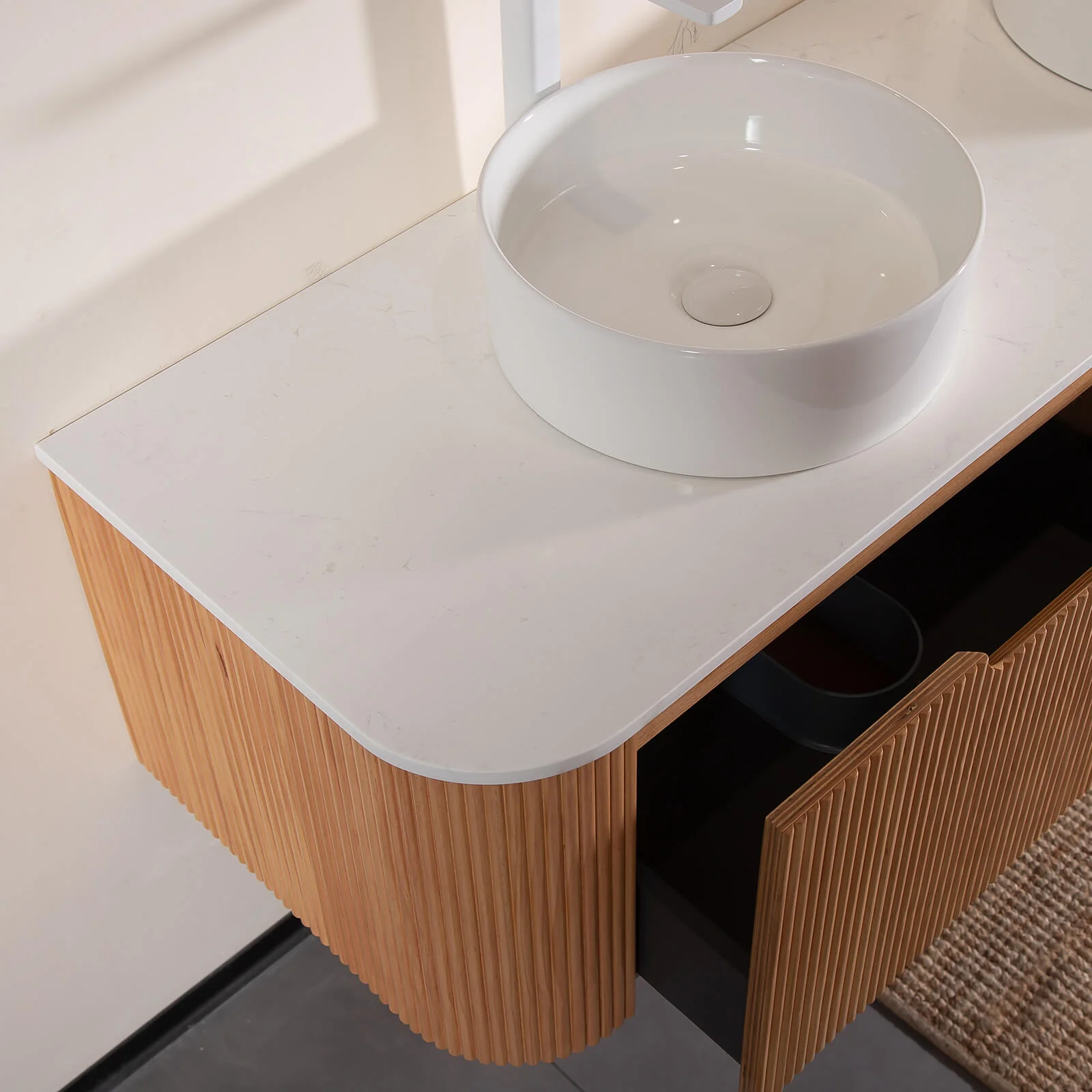 60" Pre-Assembled Floating Vanity with Curved-Edge Striped Design in White Oak, Includes Marble Countertops and Ceramic Sinks - Image 5