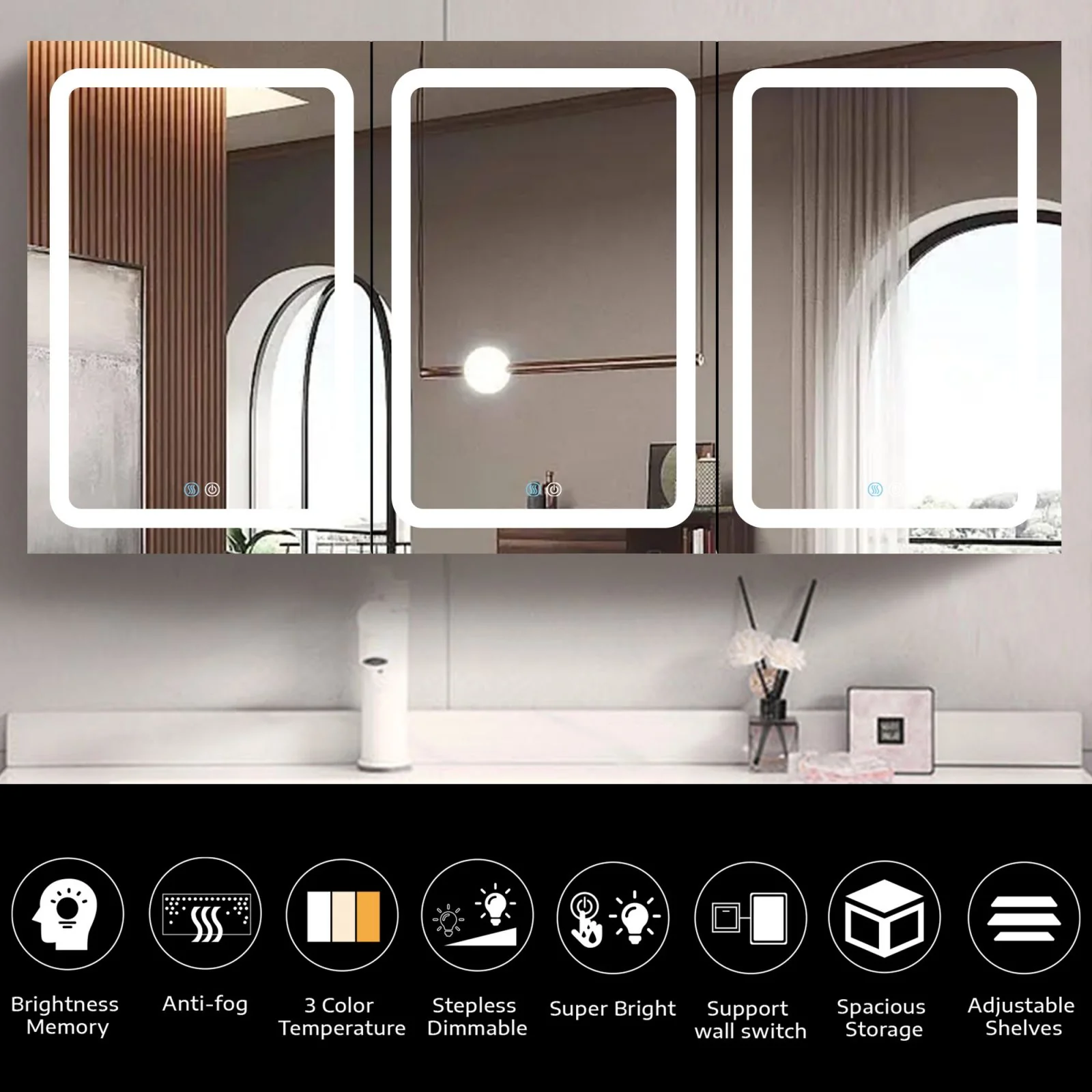 60" x 30" Surface Mount LED Black Double Door Medicine Cabinet with Mirror Defogging and Dimmer - Image 4