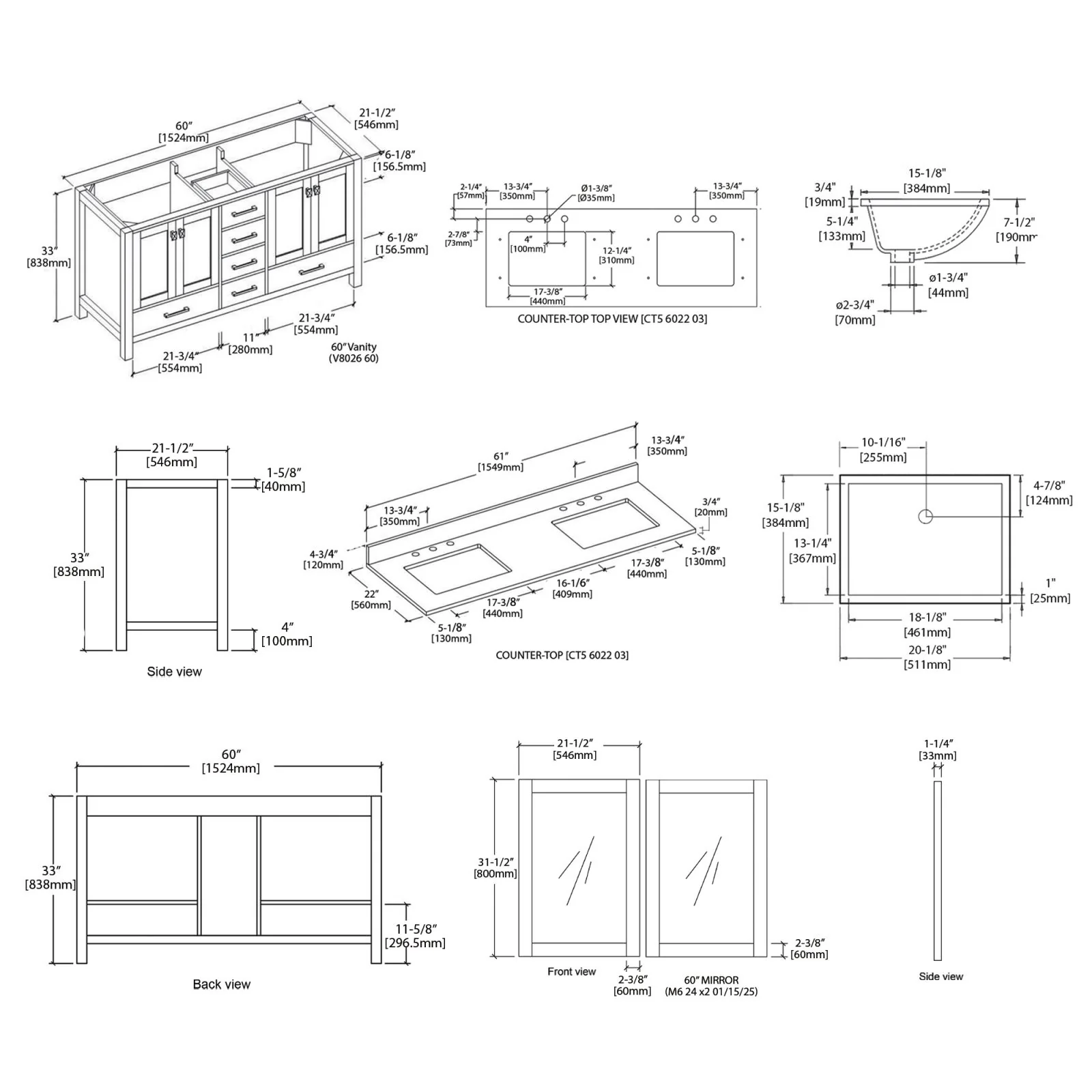 Blossom 60" Matte White Freestanding Double Sink Vanity with Drawers and Carrara Marble Countertop - Image 13
