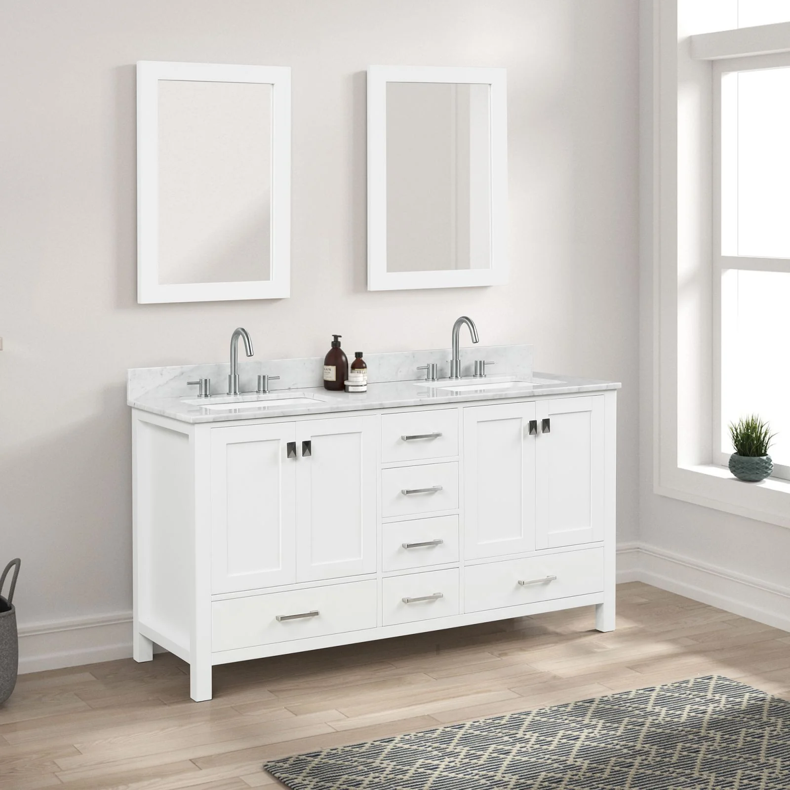 Blossom 60" Matte White Freestanding Double Sink Vanity with Drawers and Carrara Marble Countertop - Image 2