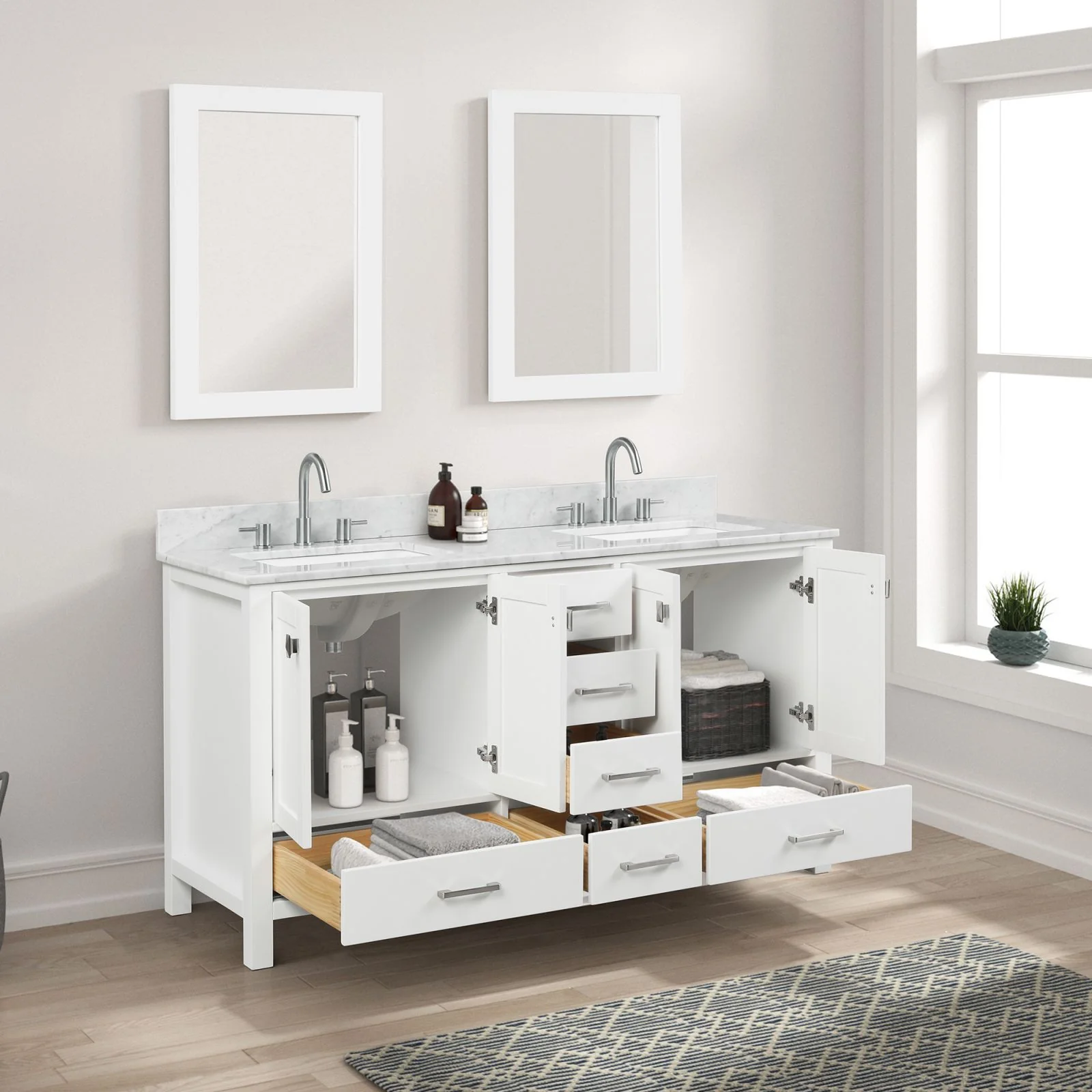 Blossom 60" Matte White Freestanding Double Sink Vanity with Drawers and Carrara Marble Countertop - Image 3