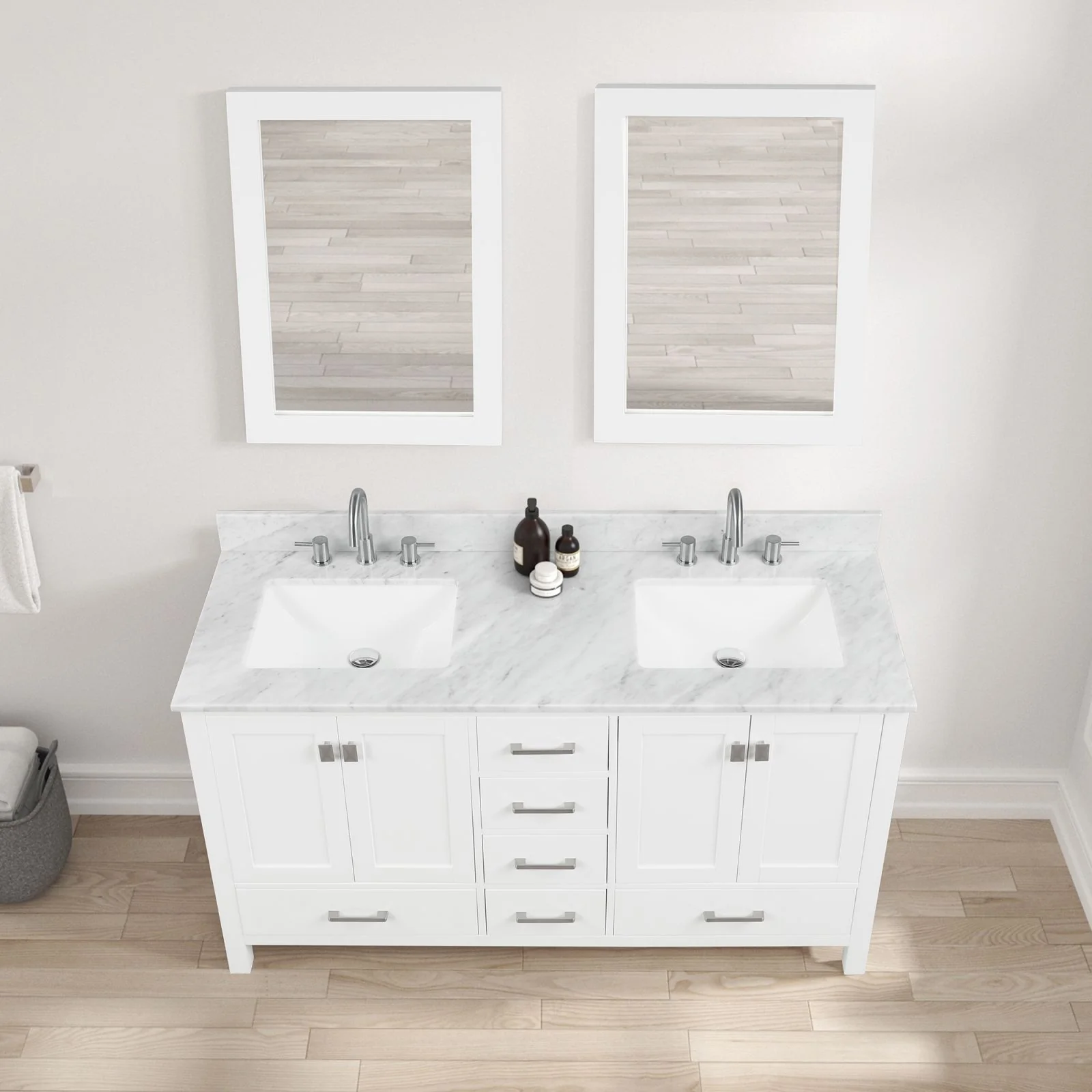 Blossom 60" Matte White Freestanding Double Sink Vanity with Drawers and Carrara Marble Countertop - Image 4