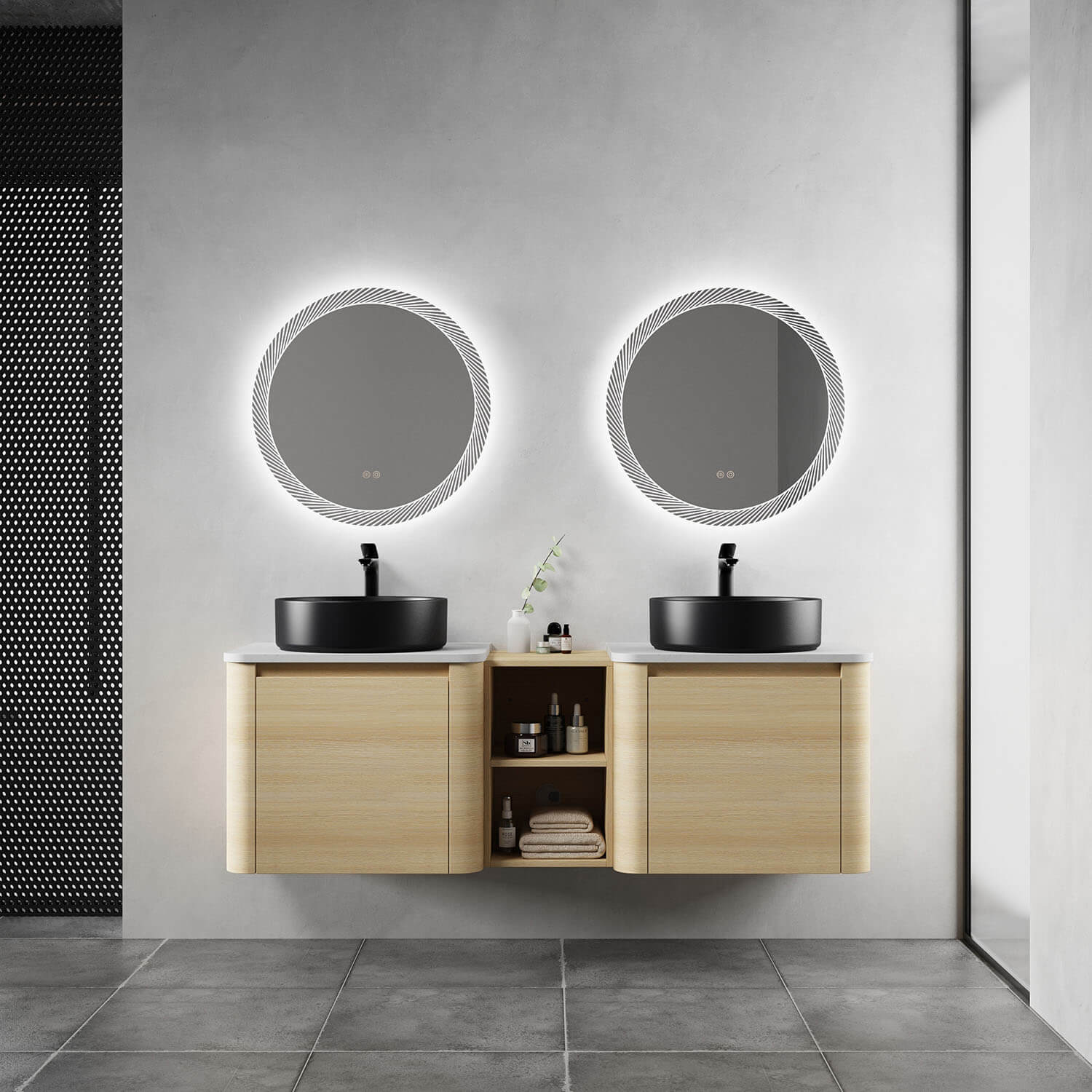 60" White Oak Bathroom Vanity with Double Black Ceramic Sink and Open Shelves