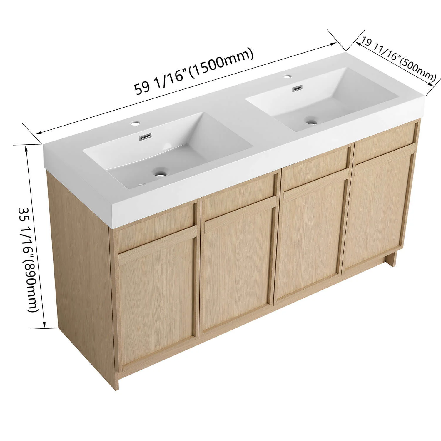 60" White Oak Bathroom Vanity with Double Resin Sink and Soft-Close Doors - Image 4