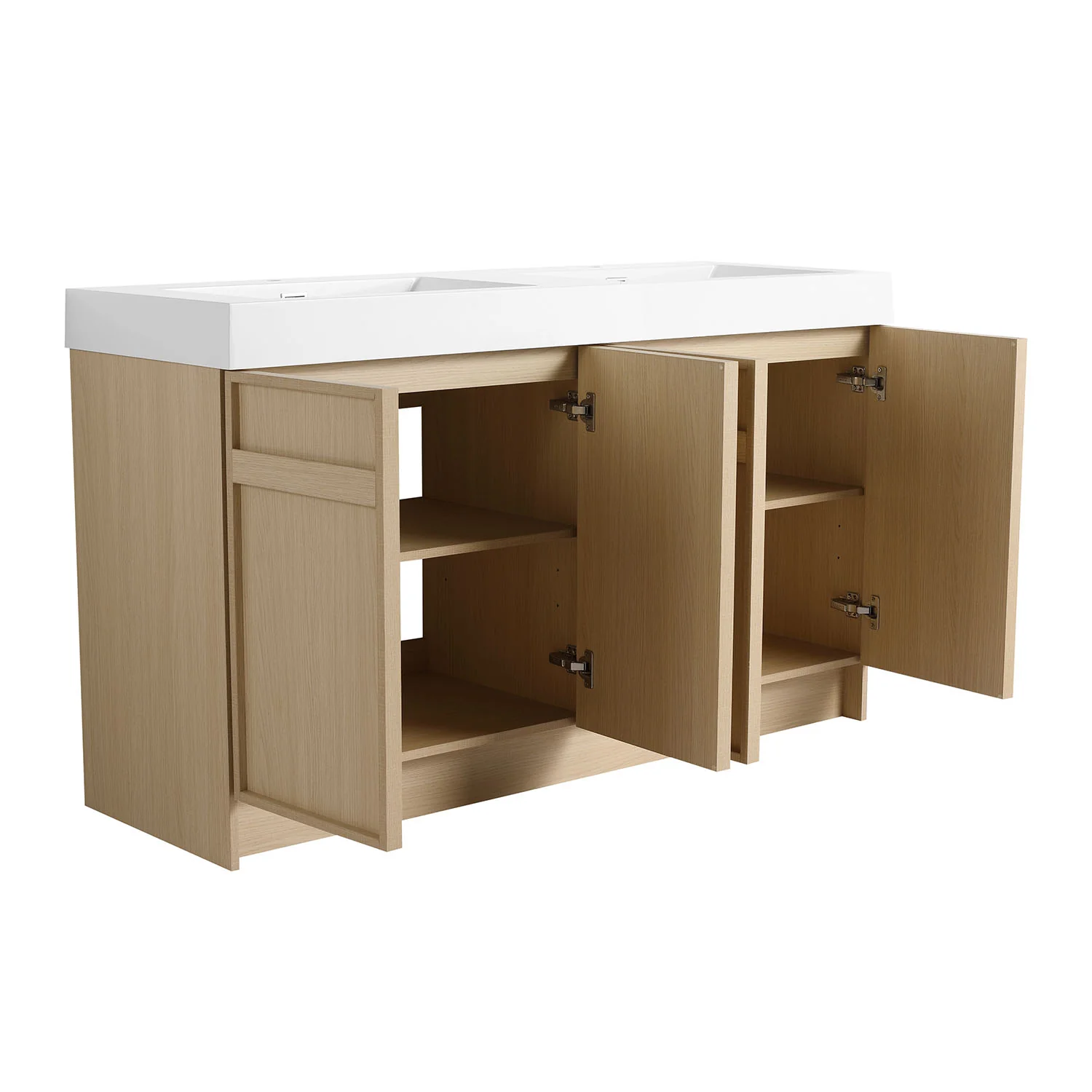 60" White Oak Bathroom Vanity with Double Resin Sink and Soft-Close Doors - Image 5