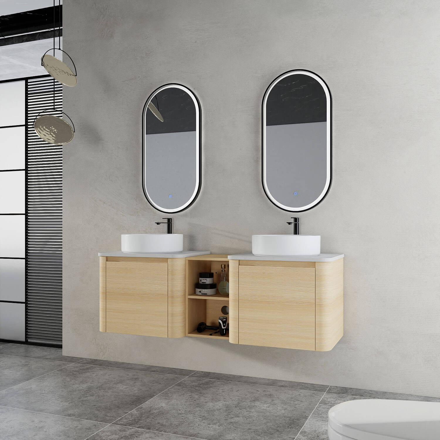 60" White Oak Bathroom Vanity with Double White Ceramic Sink and Open Shelves - Image 2