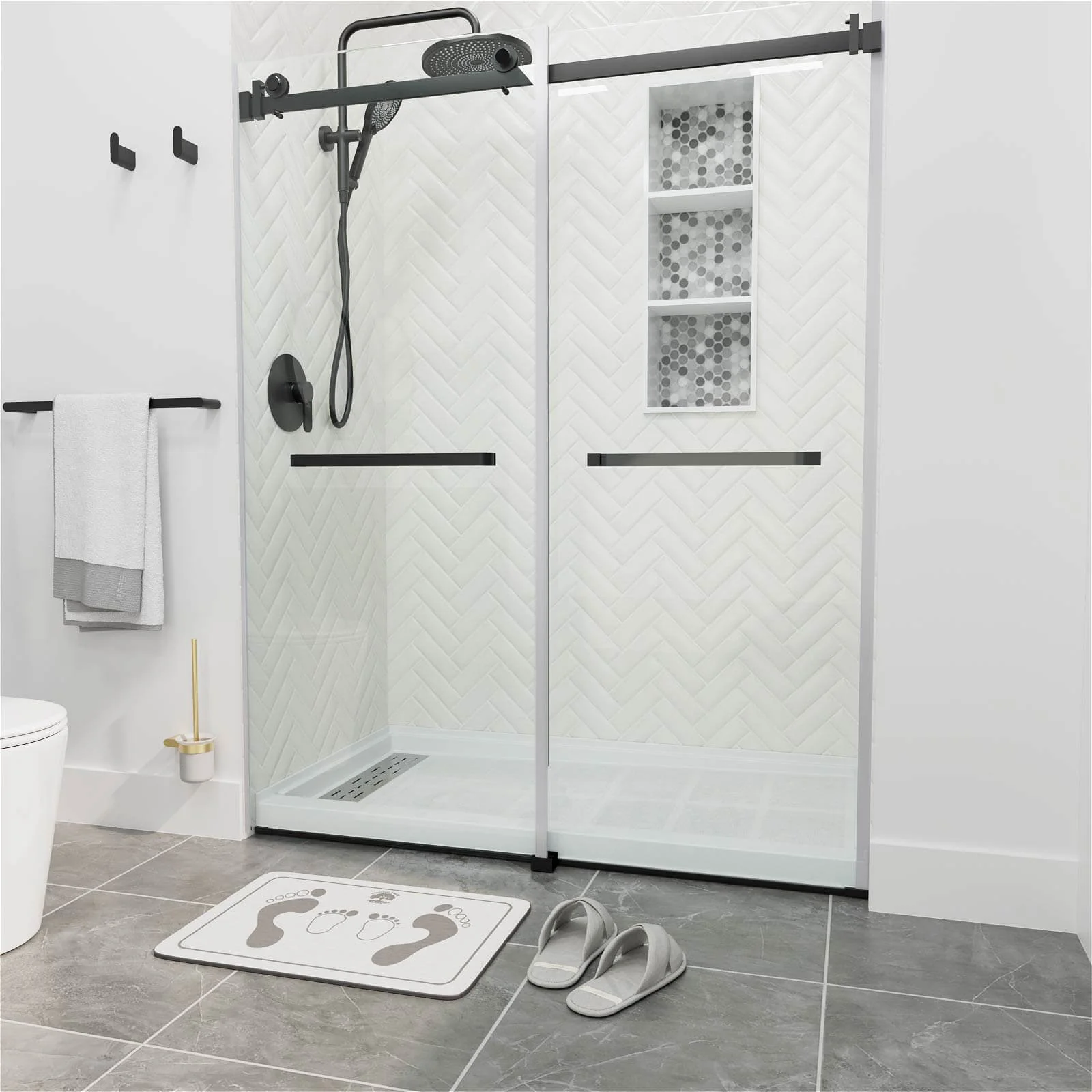 60" x 34" White Shower Base with Left Drain Removable Stainless Cover, Non-Slip Texture, Solid Surface - Image 7