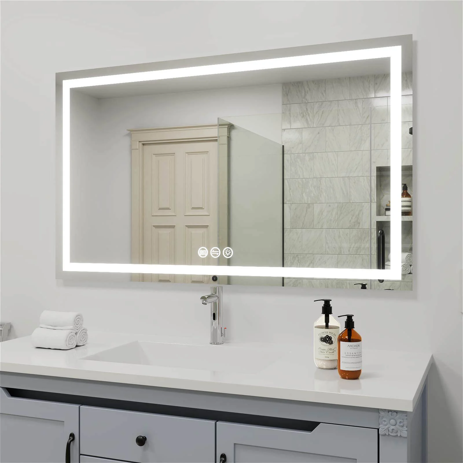 60" x 36" Rectangular Frameless LED Lighted Wall Mount Bathroom Vanity Mirror with Memory Function - Image 2