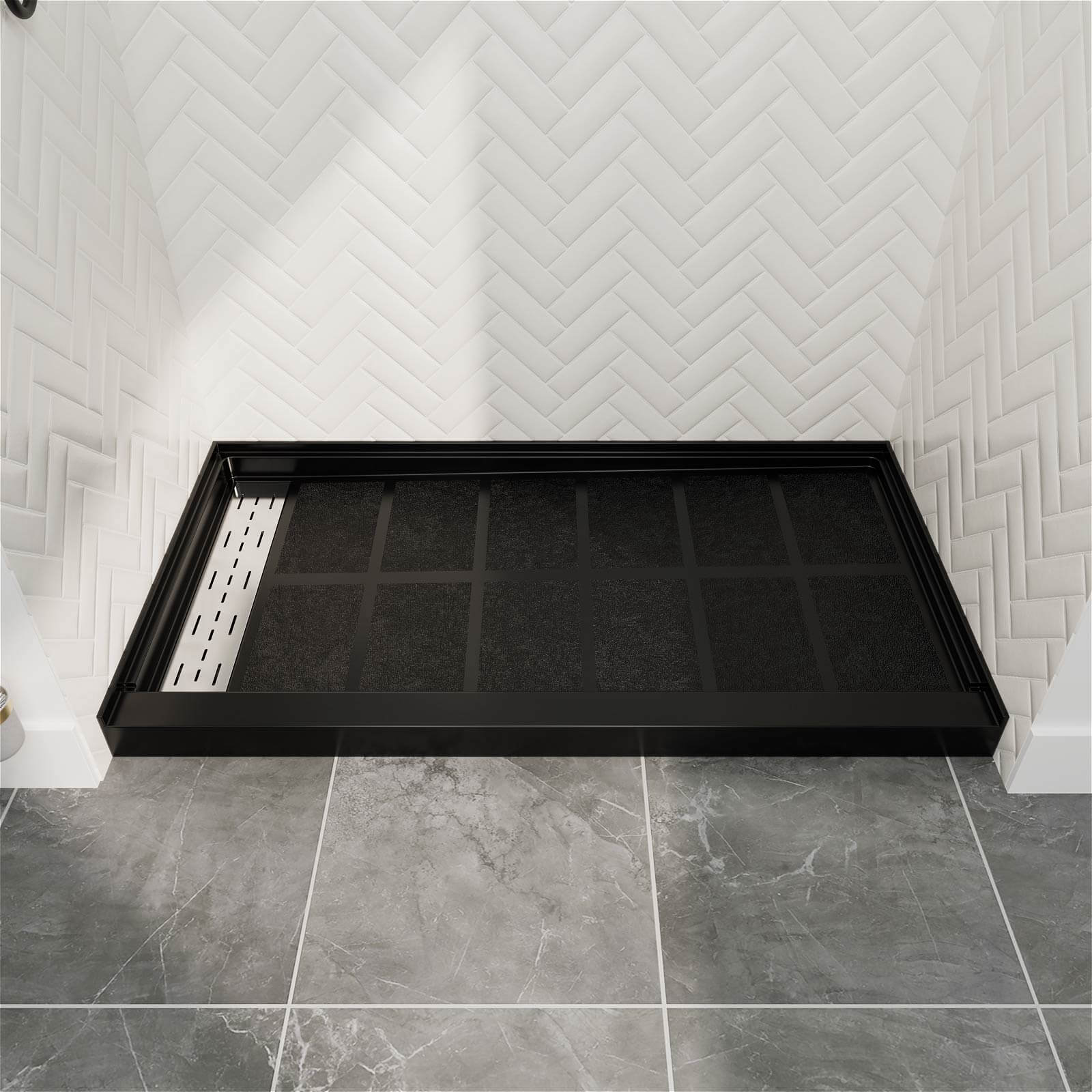 60" x 34" Black Shower Base with Left Drain Removable Stainless Cover, Non-Slip Texture, Solid Surface - Image 2
