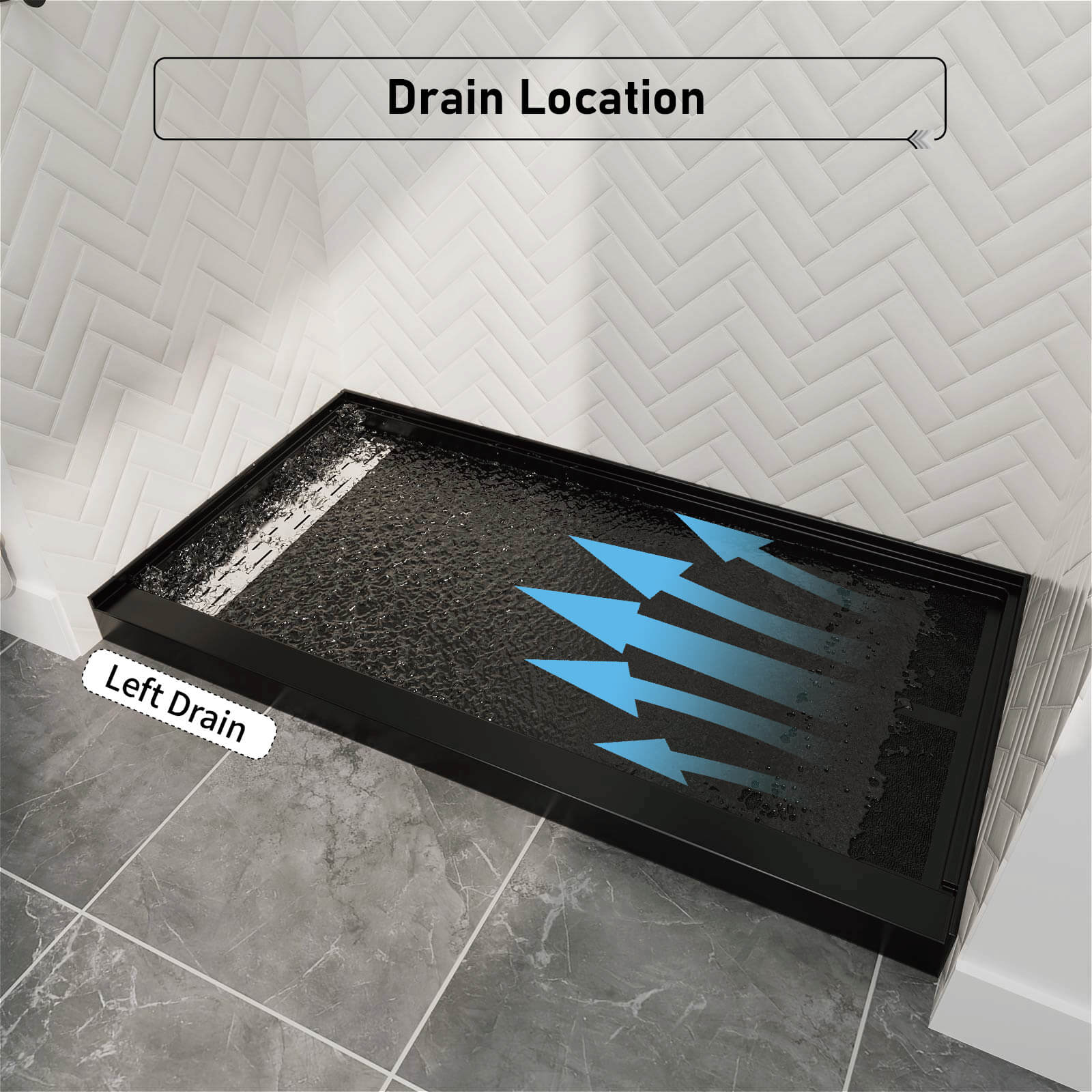 60" x 34" Black Shower Base with Left Drain Removable Stainless Cover, Non-Slip Texture, Solid Surface - Image 6