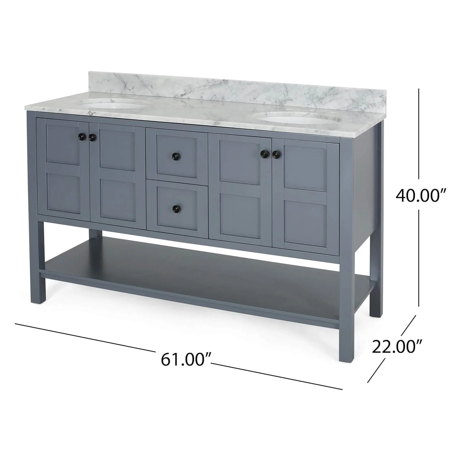 61" Blue-Gray Bathroom Vanity with Marble Top and Open Shelf - Image 14