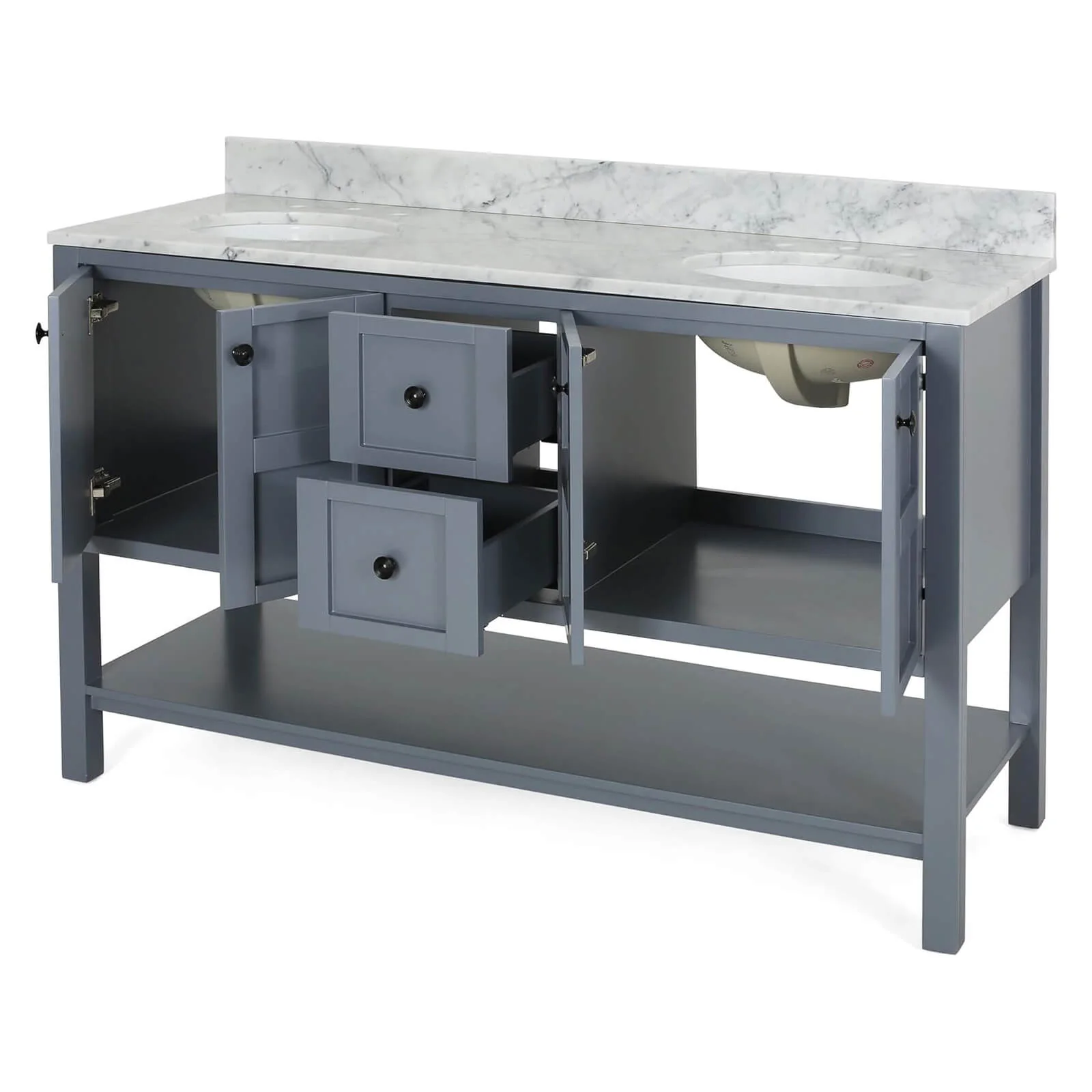 61" Blue-Gray Bathroom Vanity with Marble Top and Open Shelf - Image 5