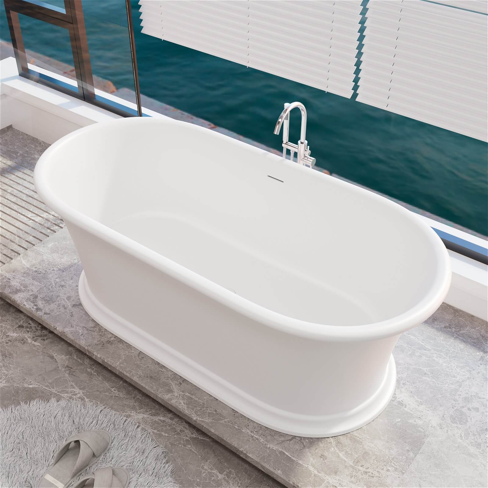 61" Vintage Freestanding Pedestal Bathtub, Premium Stone Resin Soaking Tub, Classic Bathroom Design - Image 11