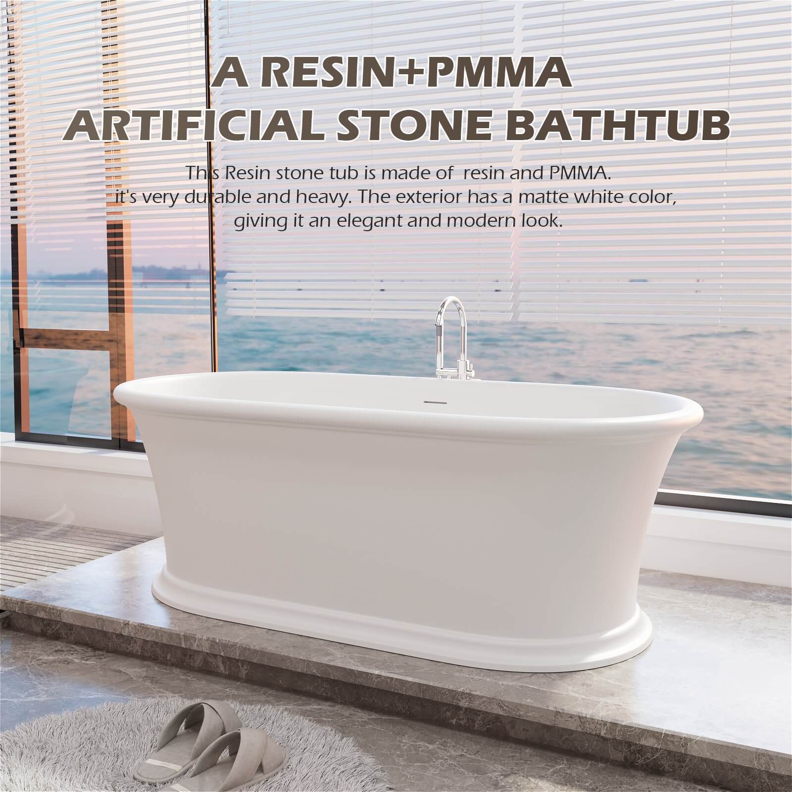 61" Vintage Freestanding Pedestal Bathtub, Premium Stone Resin Soaking Tub, Classic Bathroom Design - Image 4