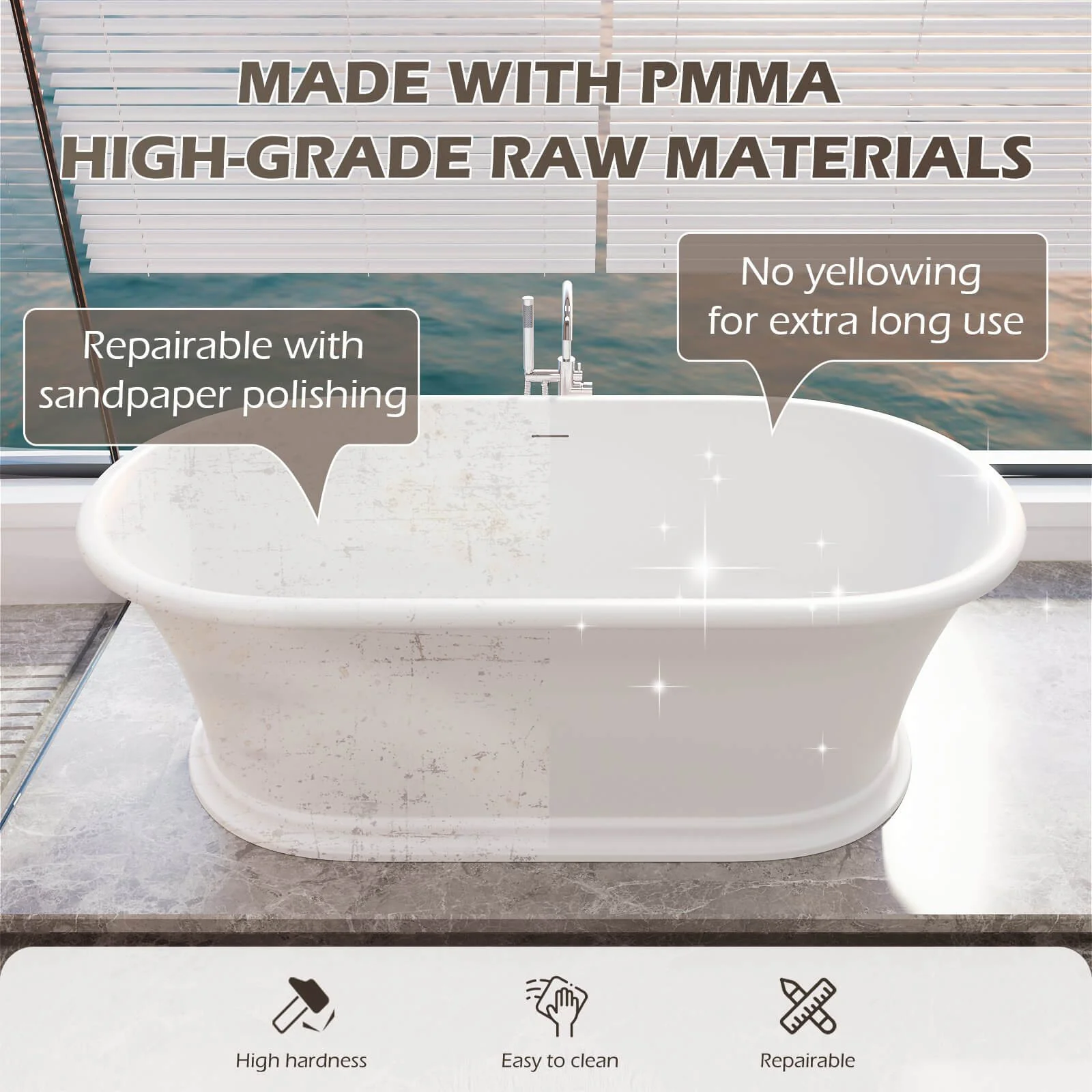 61" Vintage Freestanding Pedestal Bathtub, Premium Stone Resin Soaking Tub, Classic Bathroom Design - Image 5