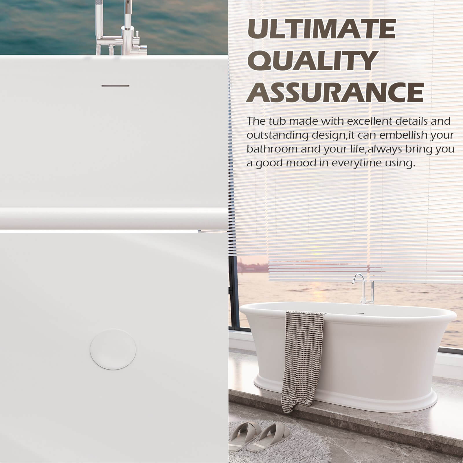 61" Vintage Freestanding Pedestal Bathtub, Premium Stone Resin Soaking Tub, Classic Bathroom Design - Image 6