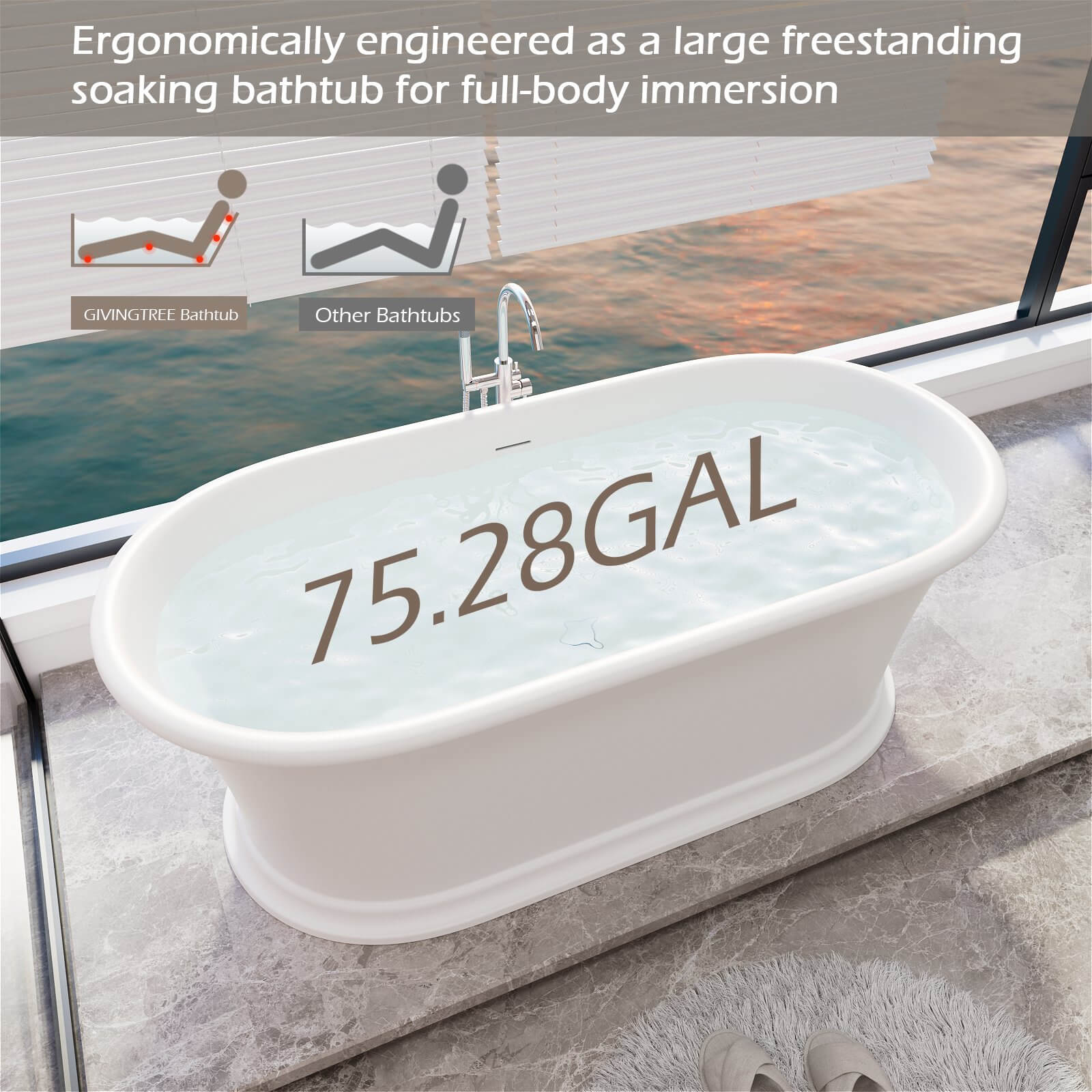 61" Vintage Freestanding Pedestal Bathtub, Premium Stone Resin Soaking Tub, Classic Bathroom Design - Image 7