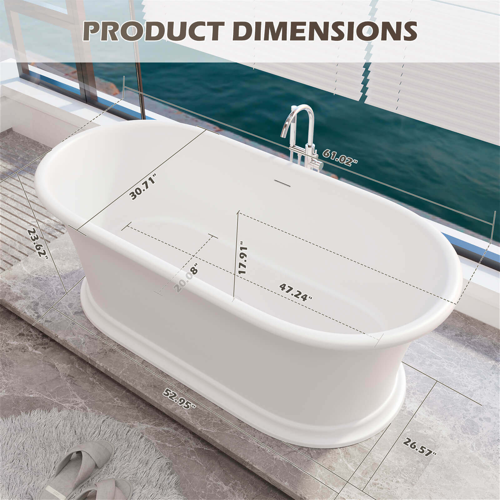 61" Vintage Freestanding Pedestal Bathtub, Premium Stone Resin Soaking Tub, Classic Bathroom Design - Image 8