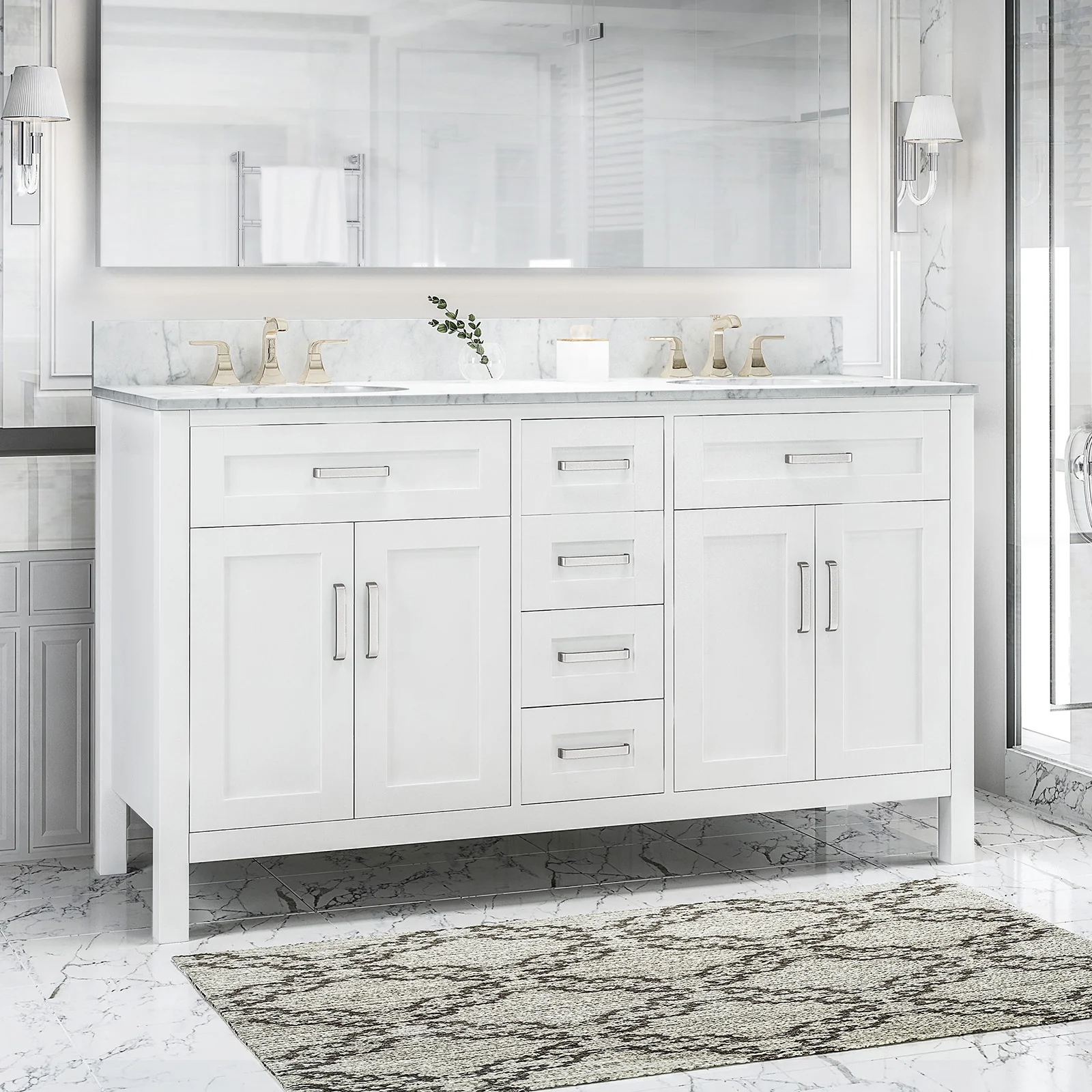 61" White Freestanding Bathroom Vanity with Marble Top
