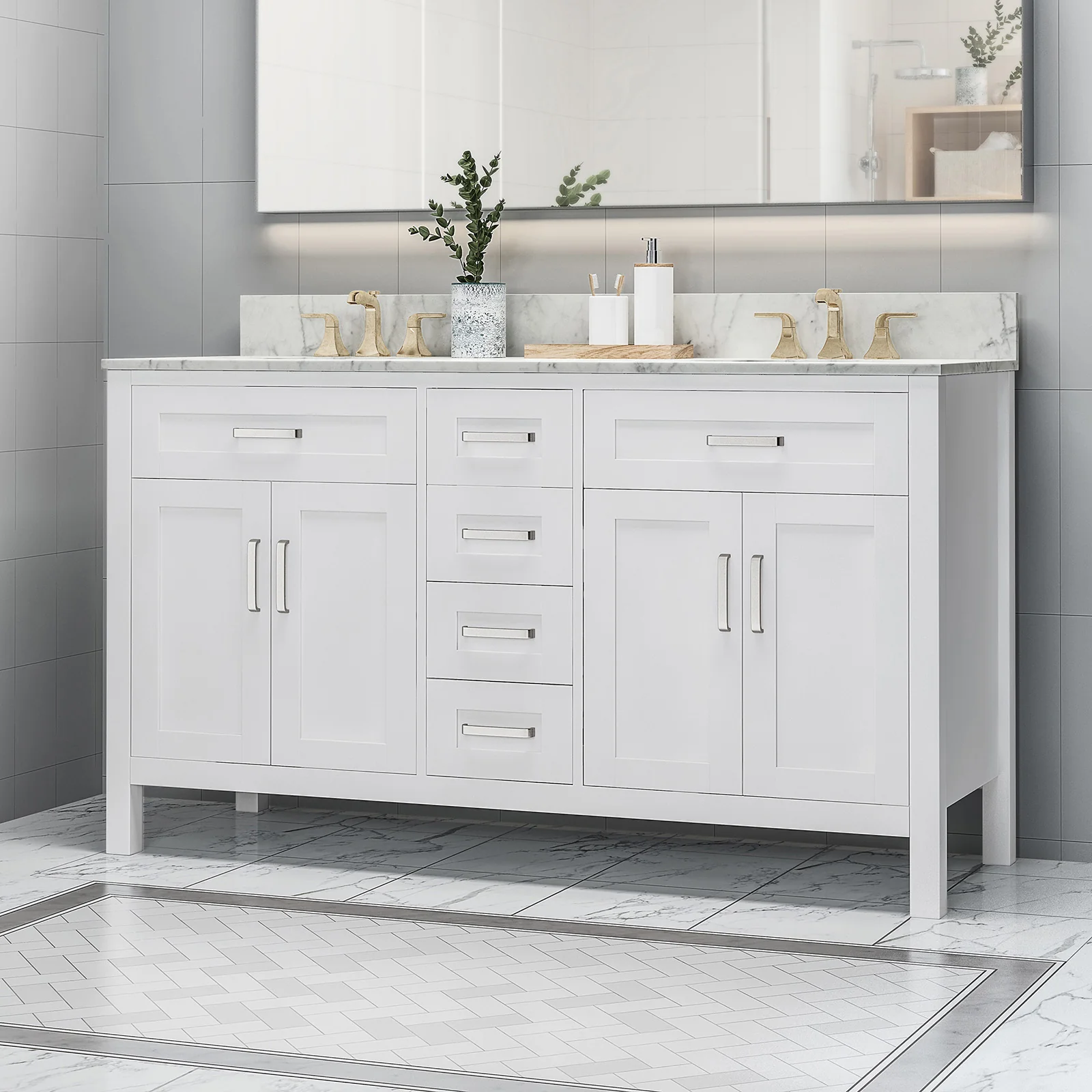 61" White Freestanding Bathroom Vanity with Marble Top - Image 2