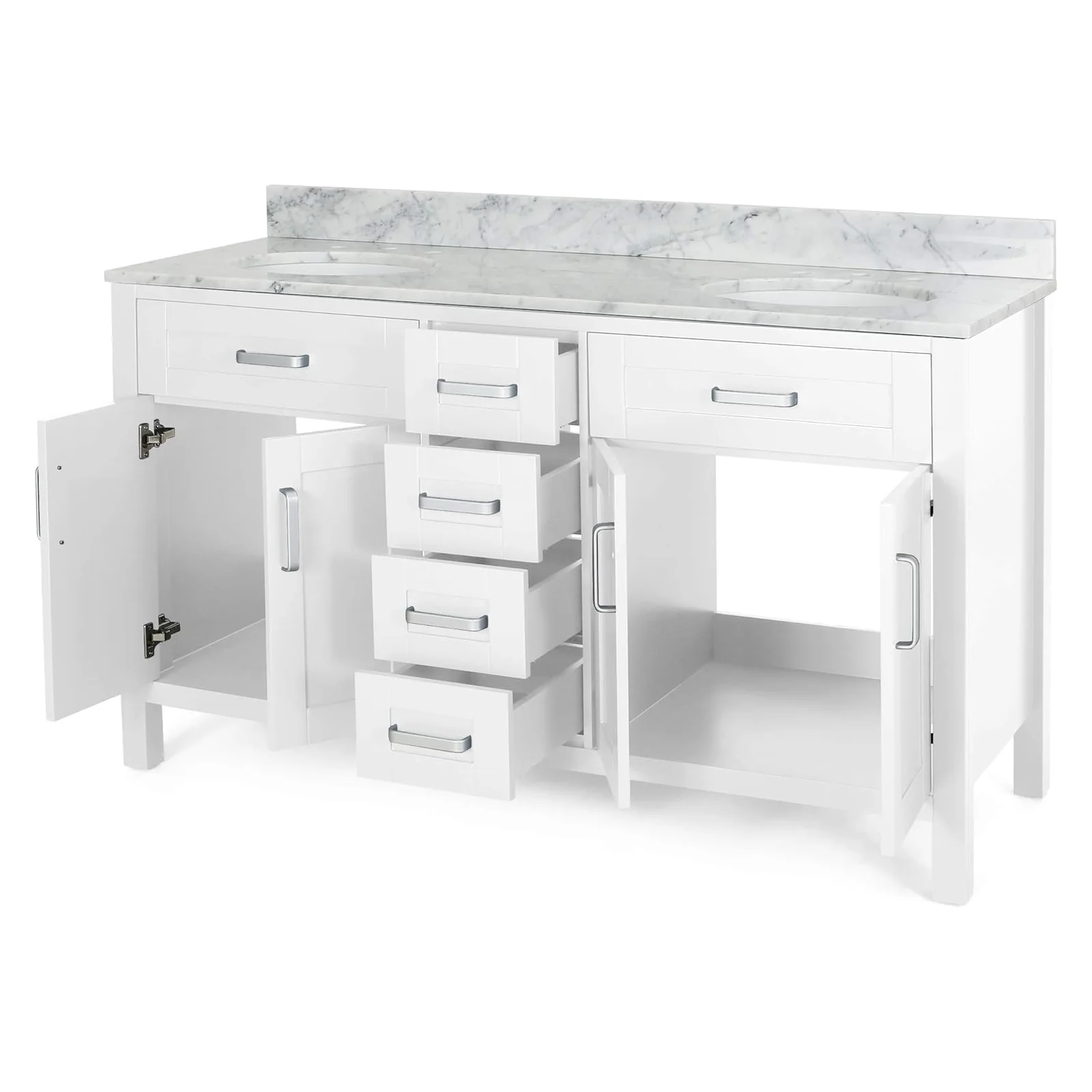 61" White Freestanding Bathroom Vanity with Marble Top - Image 5