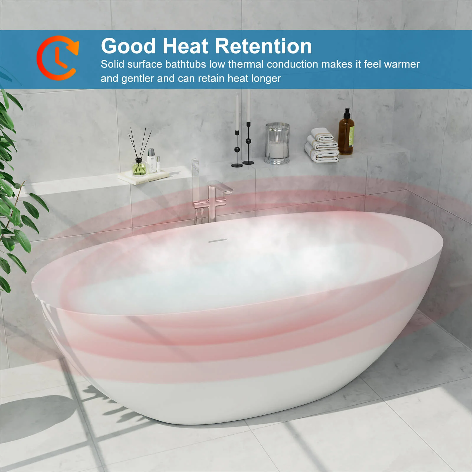 61" Stone Resin Freestanding Tub Oval-shaped Solid Surface Soaking Bathtub with Central Drain - Image 11