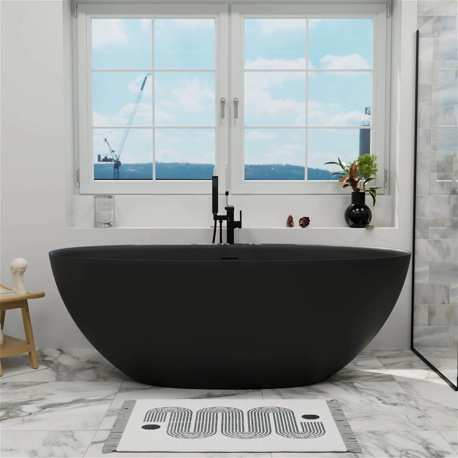 61" Stone Resin Freestanding Tub Oval-shaped Solid Surface Soaking Bathtub with Central Drain - Image 13