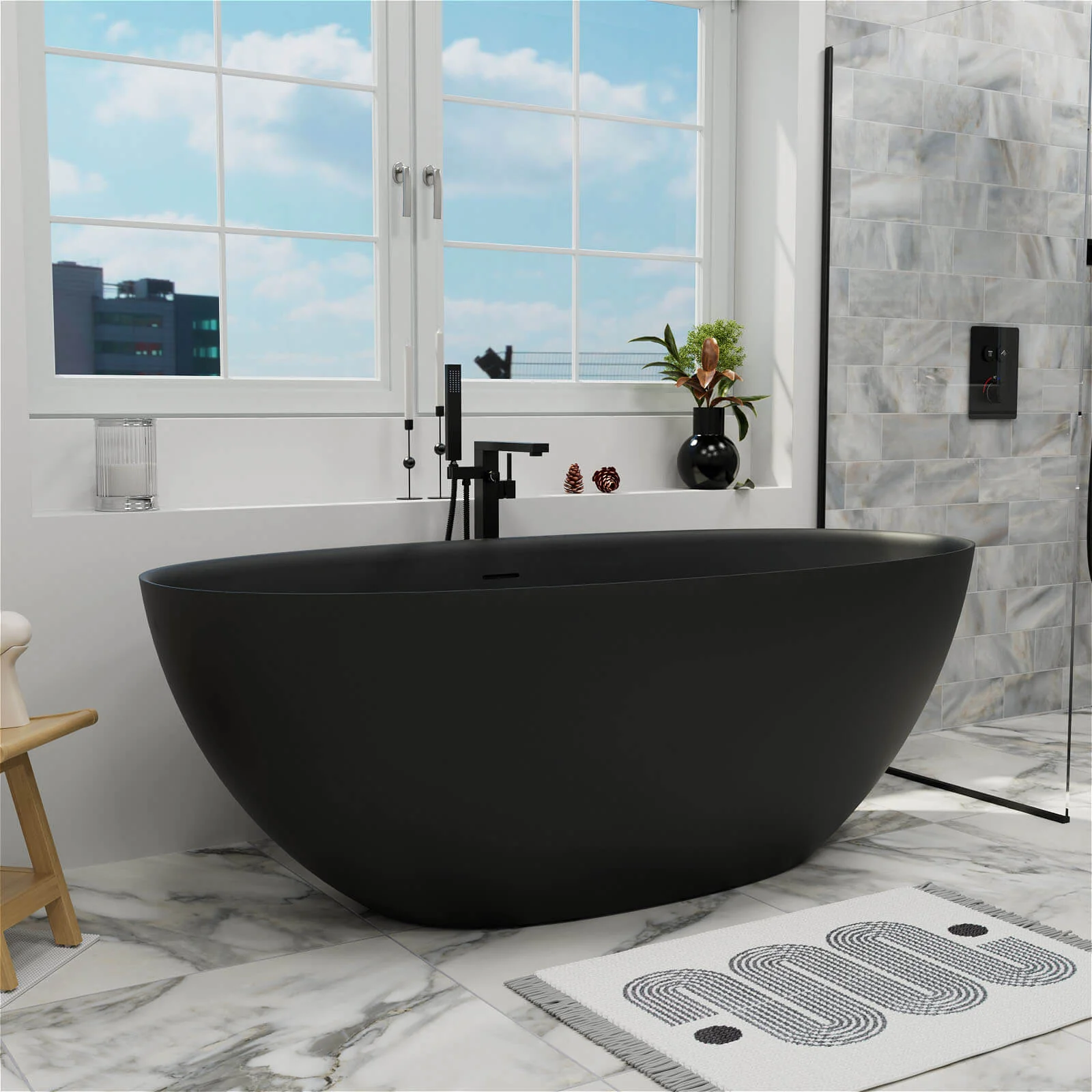 61" Stone Resin Freestanding Tub Oval-shaped Solid Surface Soaking Bathtub with Central Drain - Image 14