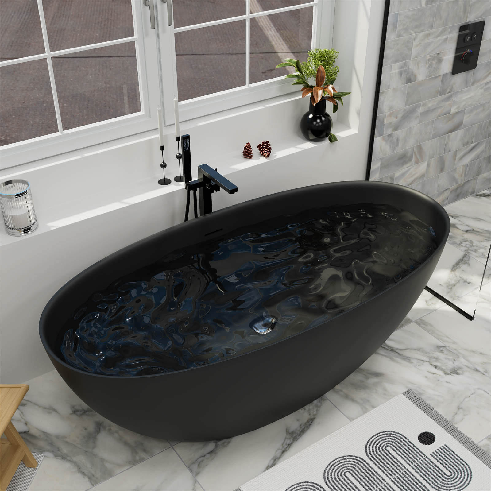61" Stone Resin Freestanding Tub Oval-shaped Solid Surface Soaking Bathtub with Central Drain - Image 15
