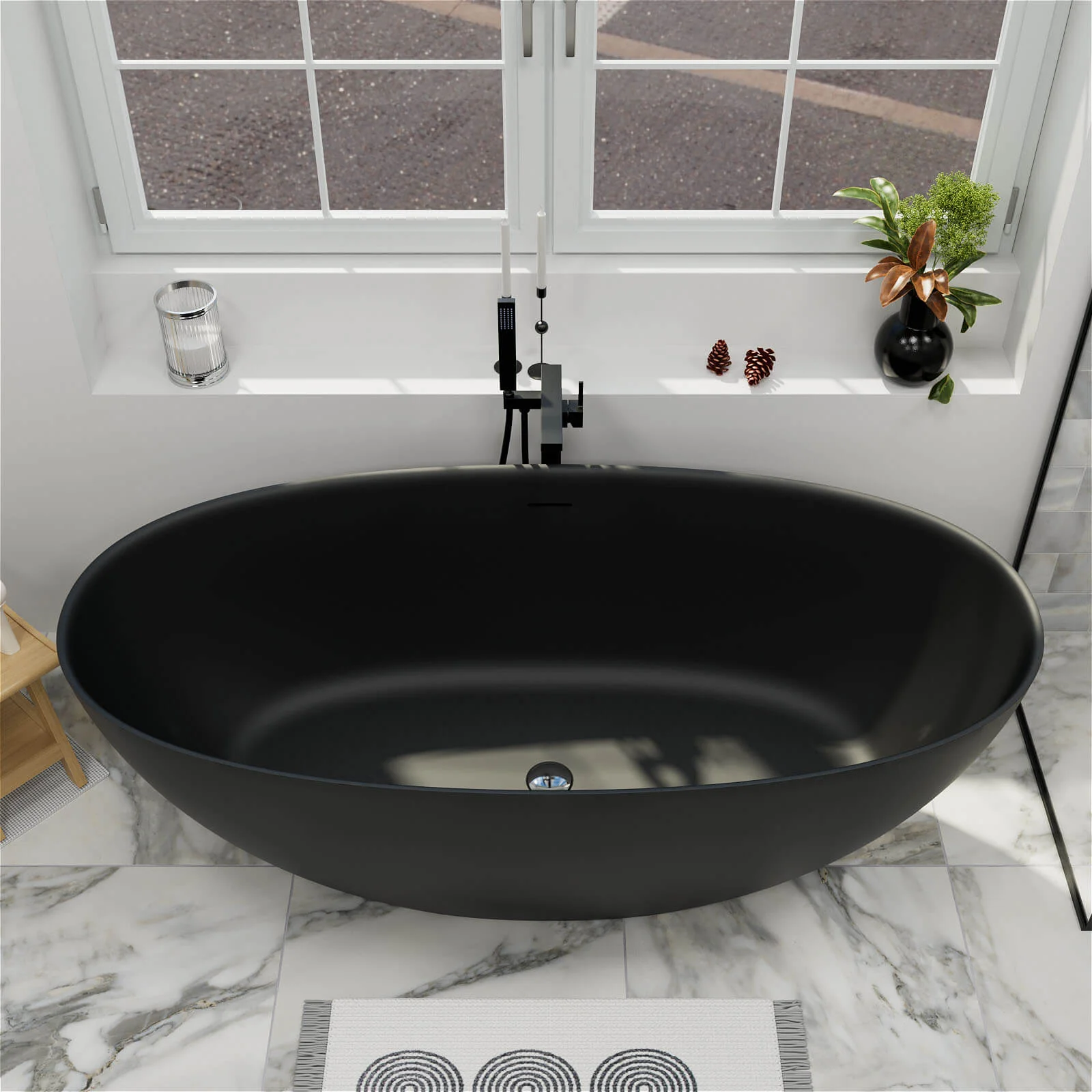 61" Stone Resin Freestanding Tub Oval-shaped Solid Surface Soaking Bathtub with Central Drain - Image 16