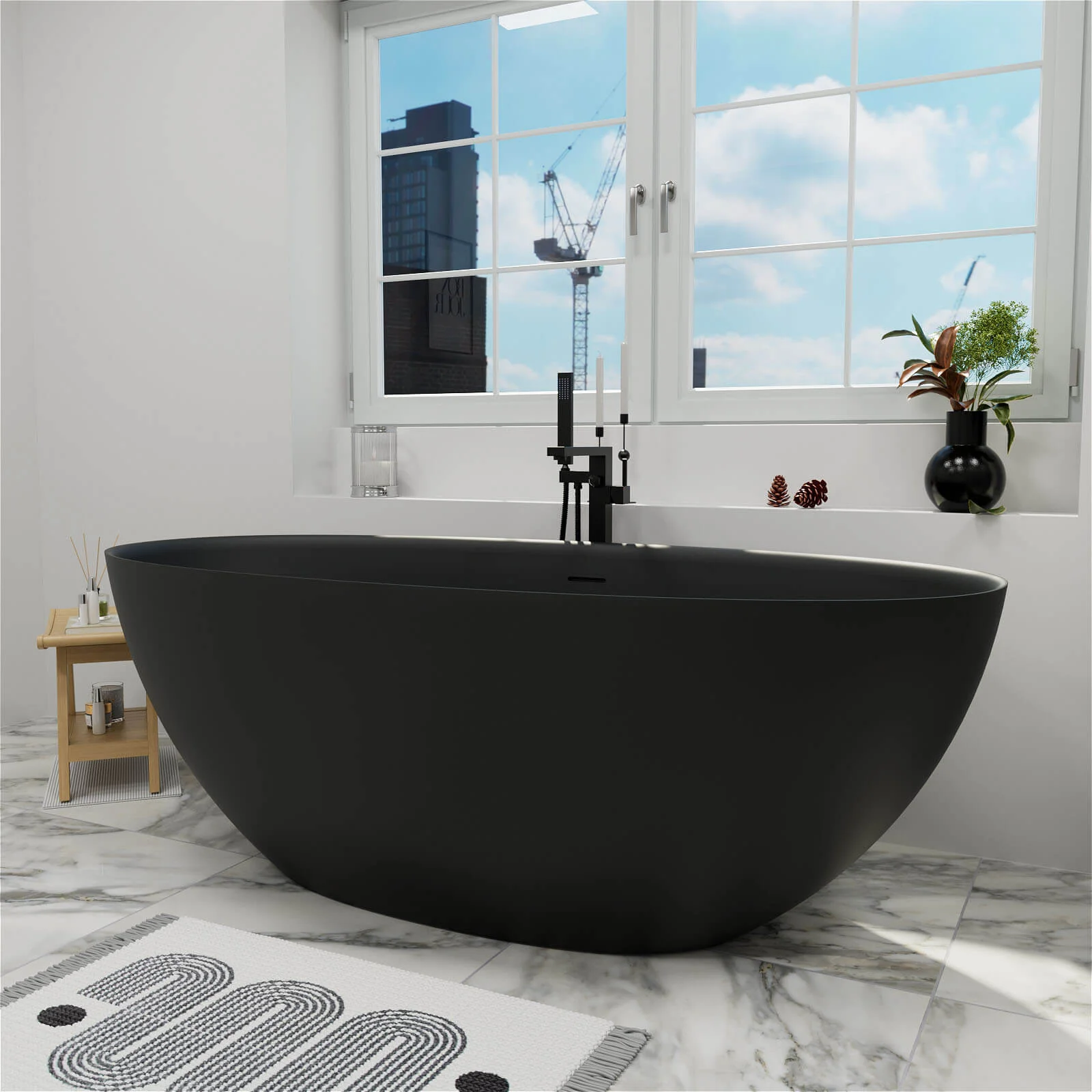 61" Stone Resin Freestanding Tub Oval-shaped Solid Surface Soaking Bathtub with Central Drain - Image 17