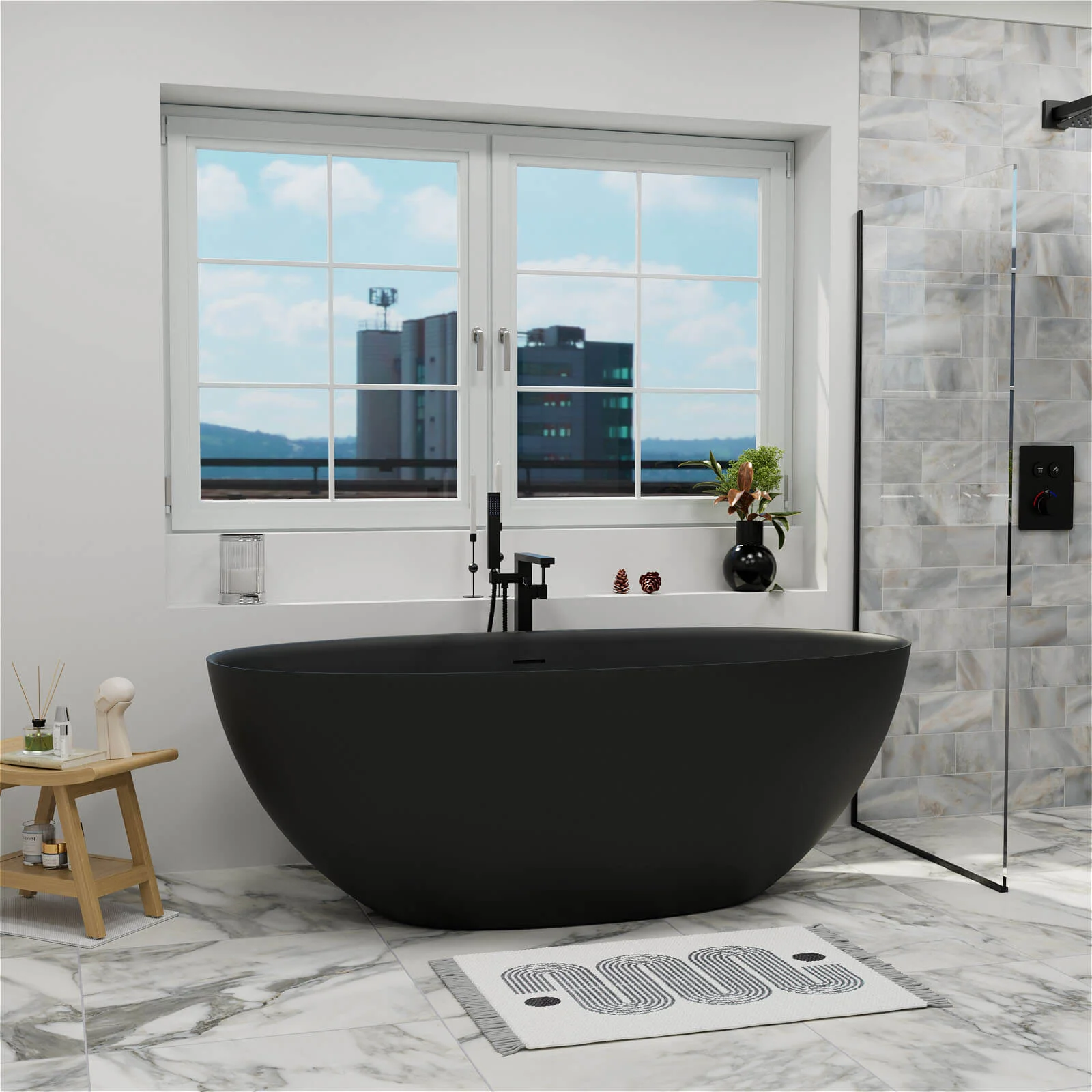 61" Stone Resin Freestanding Tub Oval-shaped Solid Surface Soaking Bathtub with Central Drain - Image 18