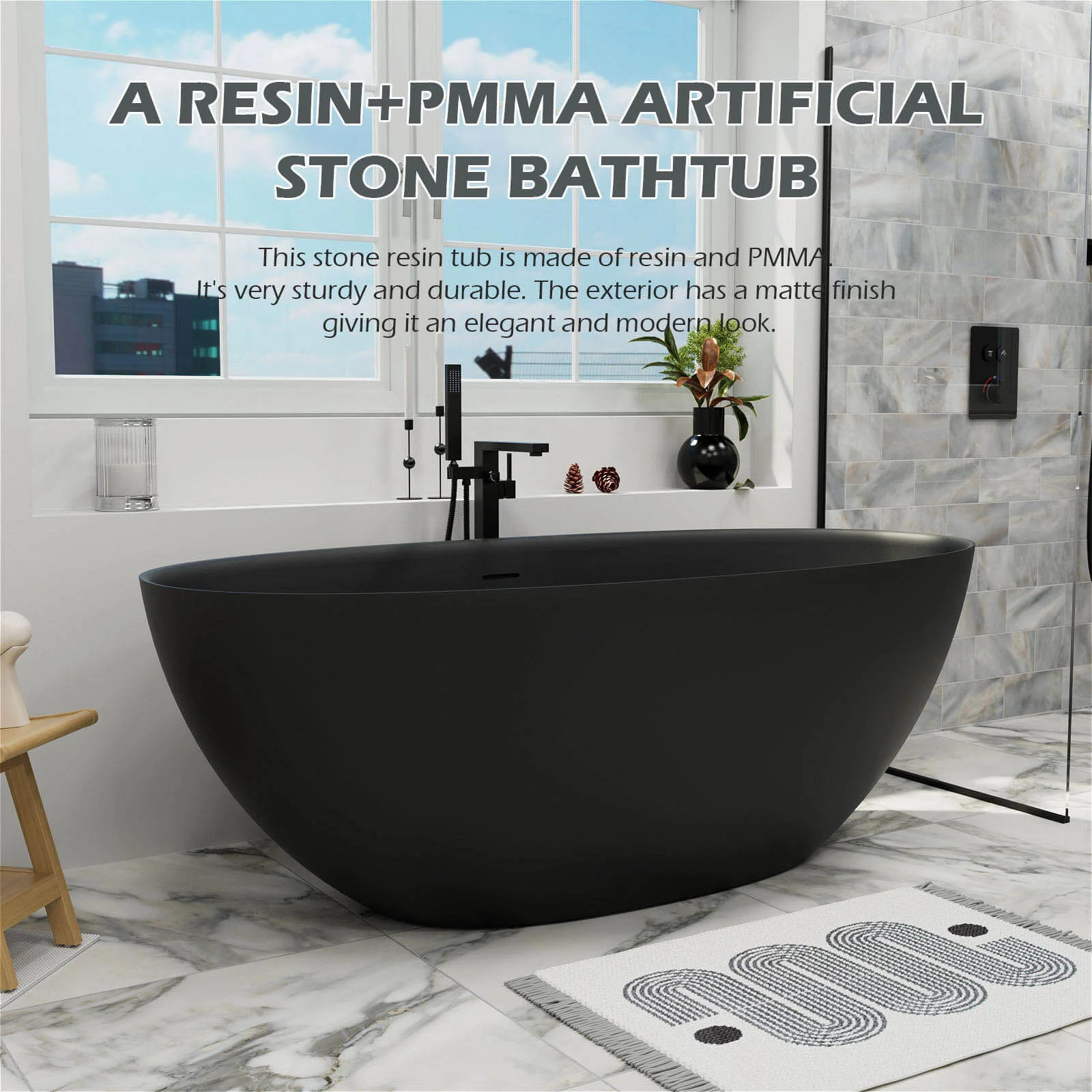 61" Stone Resin Freestanding Tub Oval-shaped Solid Surface Soaking Bathtub with Central Drain - Image 19