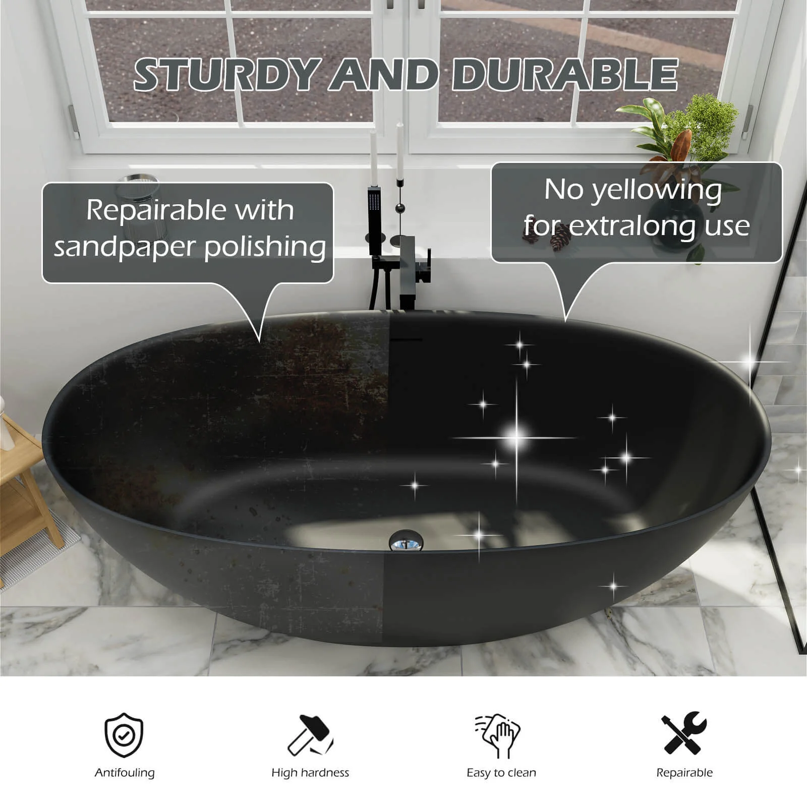 61" Stone Resin Freestanding Tub Oval-shaped Solid Surface Soaking Bathtub with Central Drain - Image 20