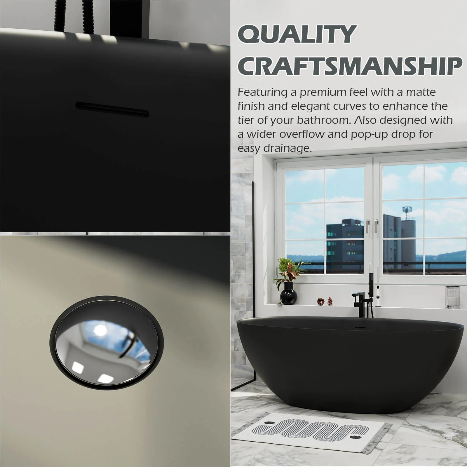61" Stone Resin Freestanding Tub Oval-shaped Solid Surface Soaking Bathtub with Central Drain - Image 23