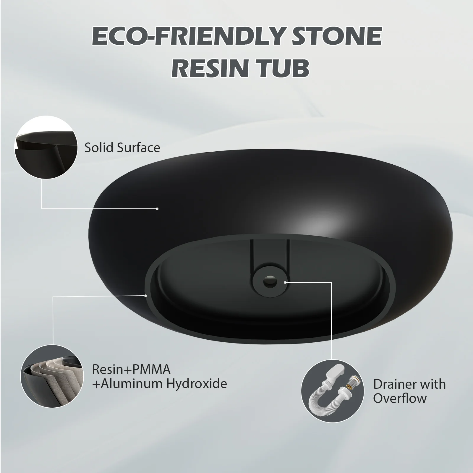 61" Stone Resin Freestanding Tub Oval-shaped Solid Surface Soaking Bathtub with Central Drain - Image 24