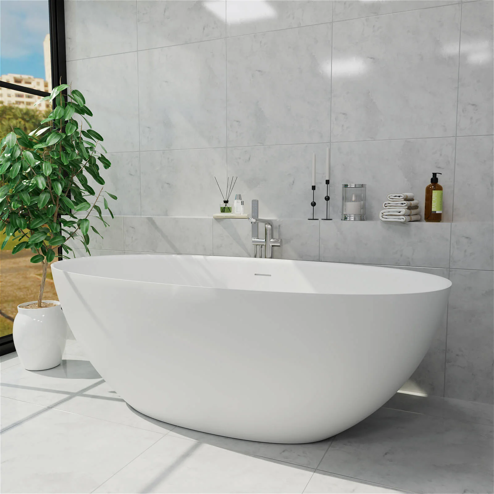 61" Stone Resin Freestanding Tub Oval-shaped Solid Surface Soaking Bathtub with Central Drain - Image 4