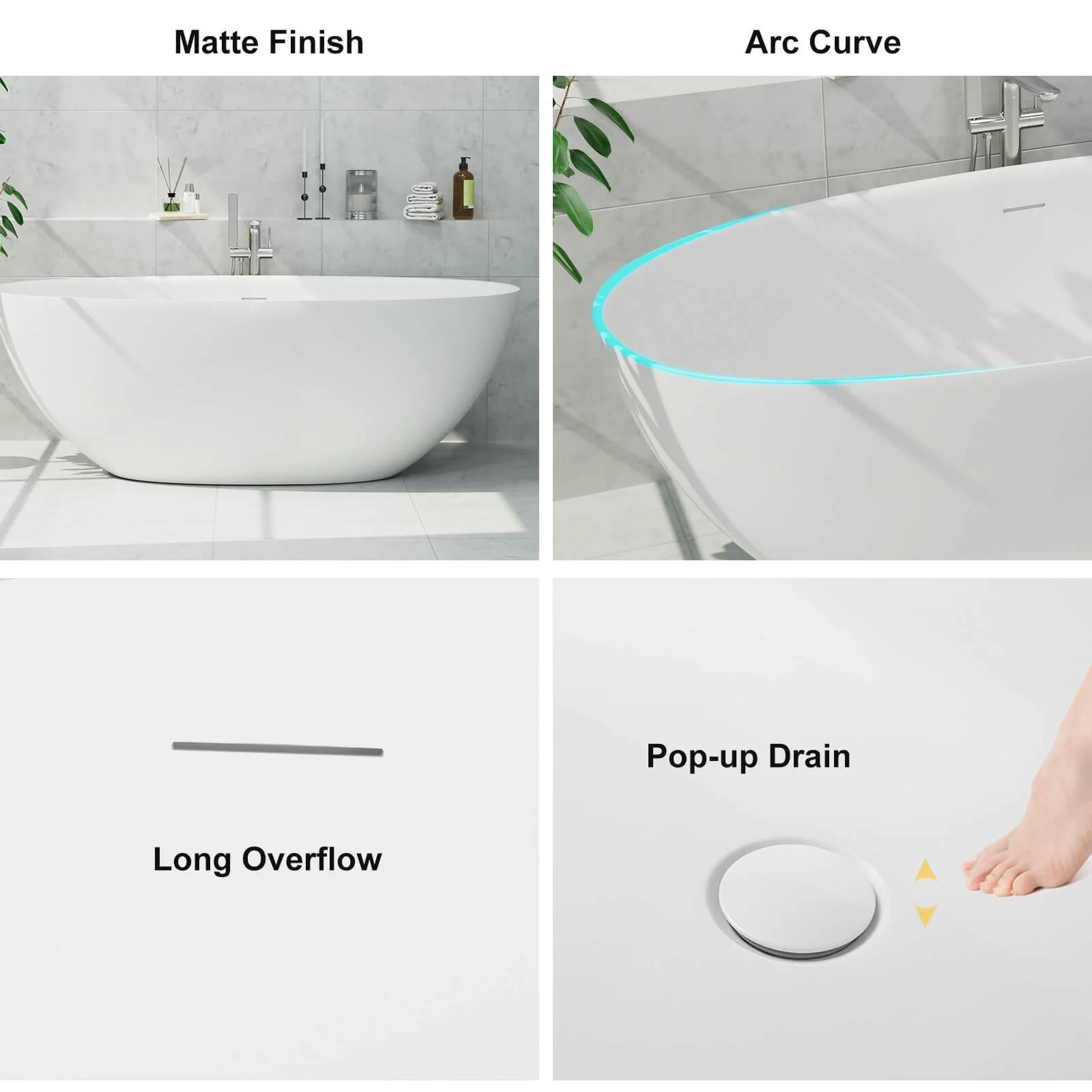 61" Stone Resin Freestanding Tub Oval-shaped Solid Surface Soaking Bathtub with Central Drain - Image 6