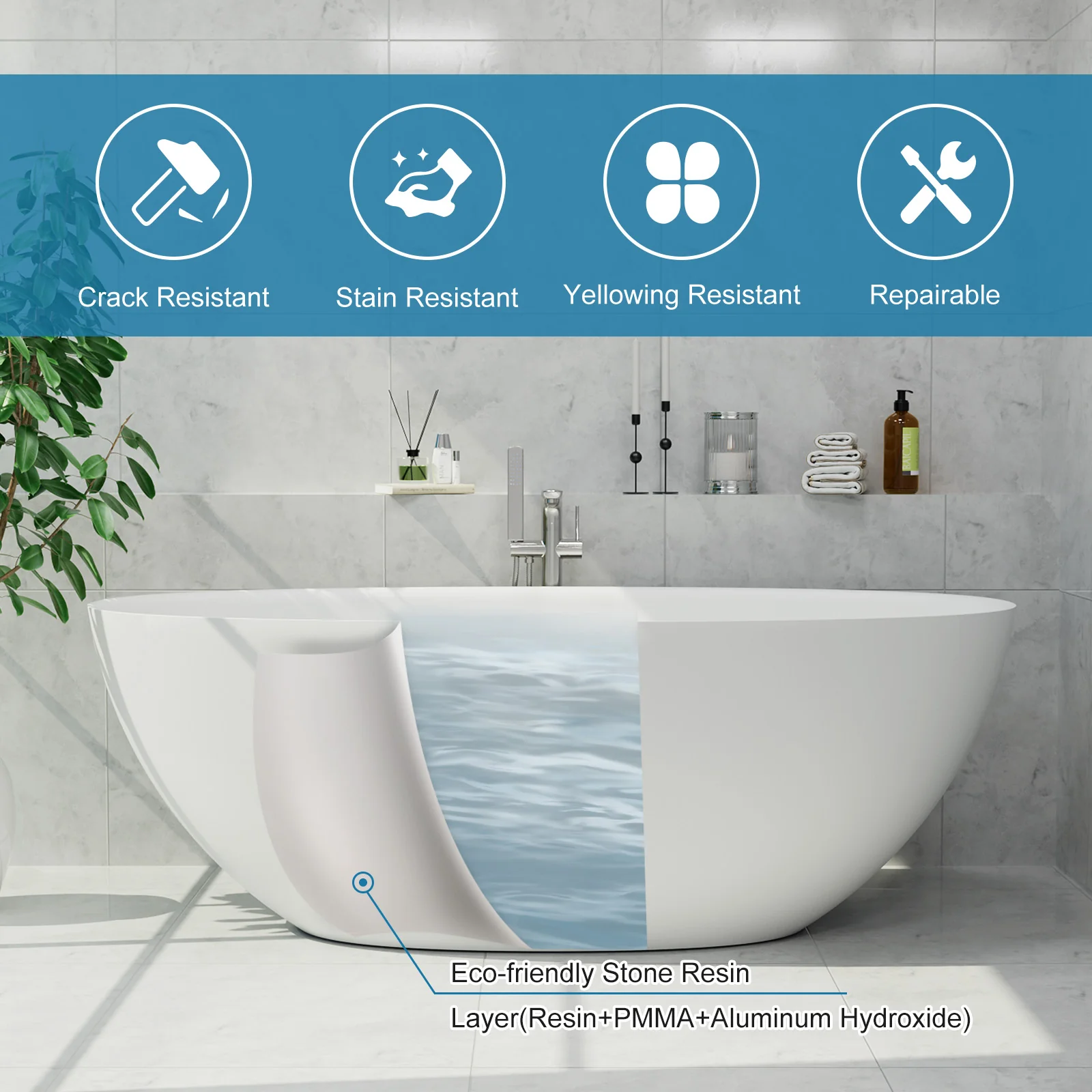 61" Stone Resin Freestanding Tub Oval-shaped Solid Surface Soaking Bathtub with Central Drain - Image 7