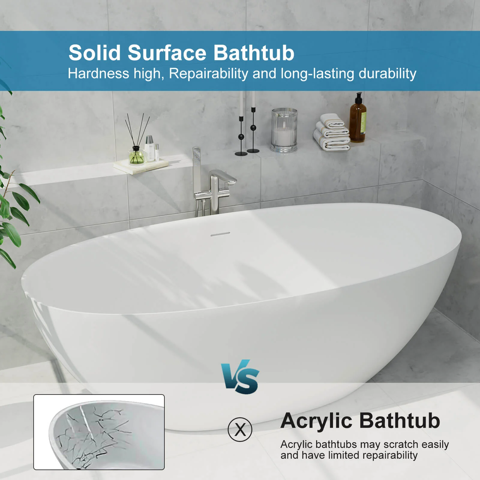 61" Stone Resin Freestanding Tub Oval-shaped Solid Surface Soaking Bathtub with Central Drain - Image 8