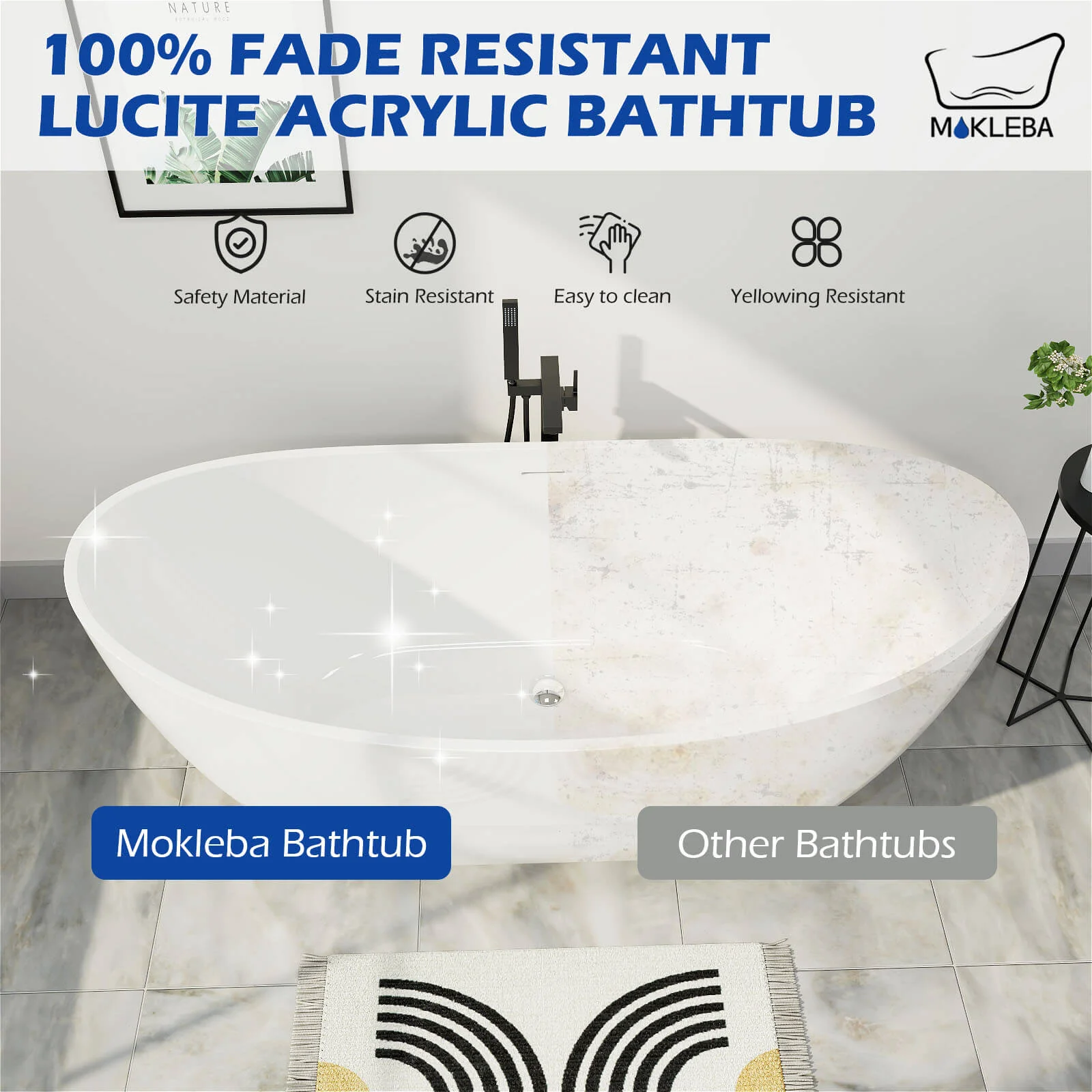 Mokleba 62" Acrylic Double Slipper Freestanding Soaking Bathtub Glossy White - Image 10