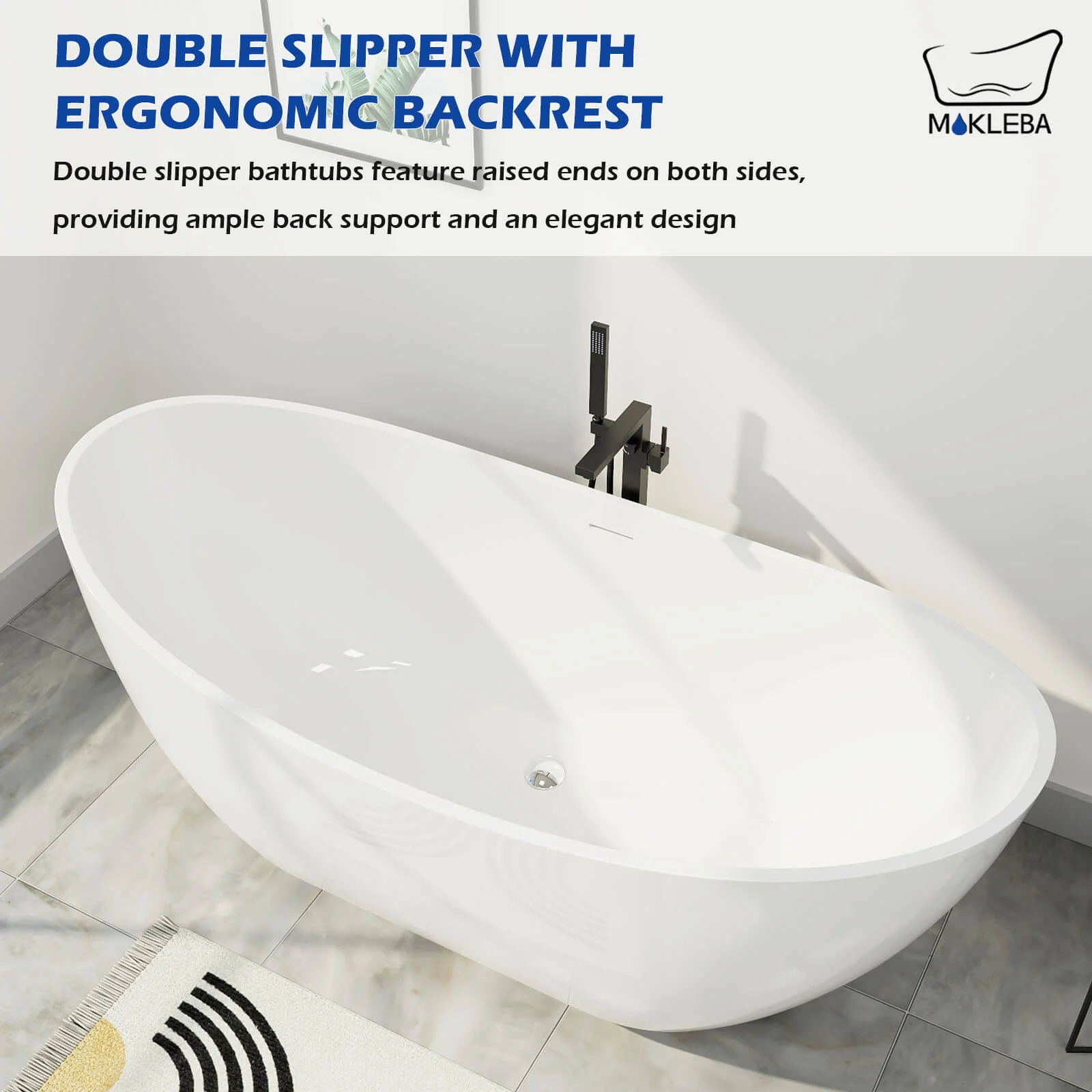 Mokleba 62" Acrylic Double Slipper Freestanding Soaking Bathtub Glossy White - Image 11