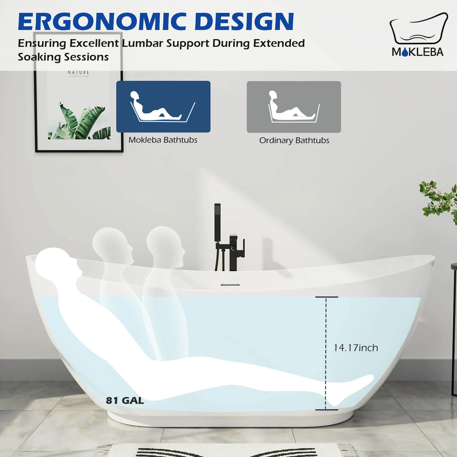 Mokleba 62" Acrylic Double Slipper Freestanding Soaking Bathtub Glossy White - Image 5
