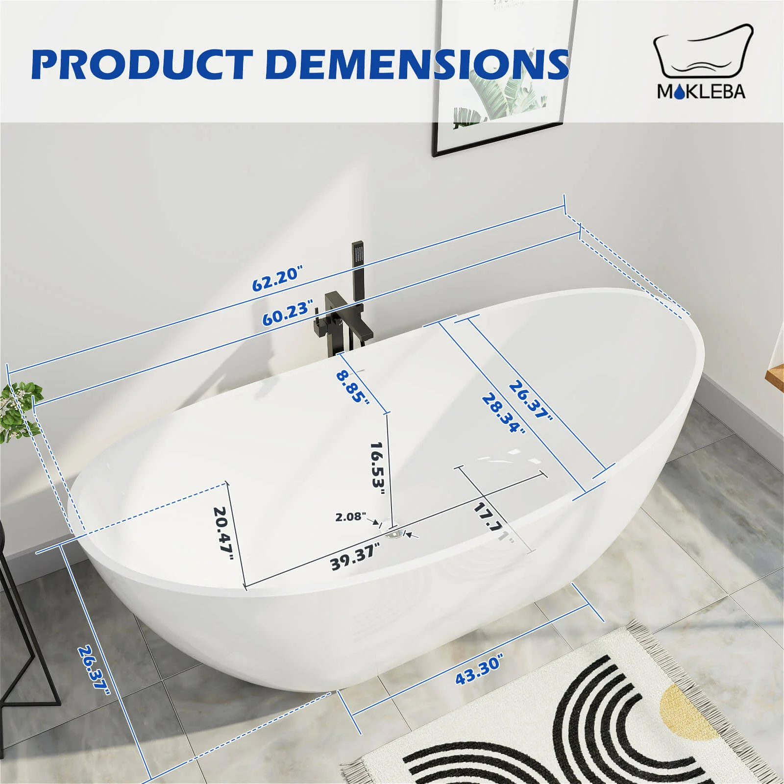 Mokleba 62" Acrylic Double Slipper Freestanding Soaking Bathtub Glossy White - Image 6