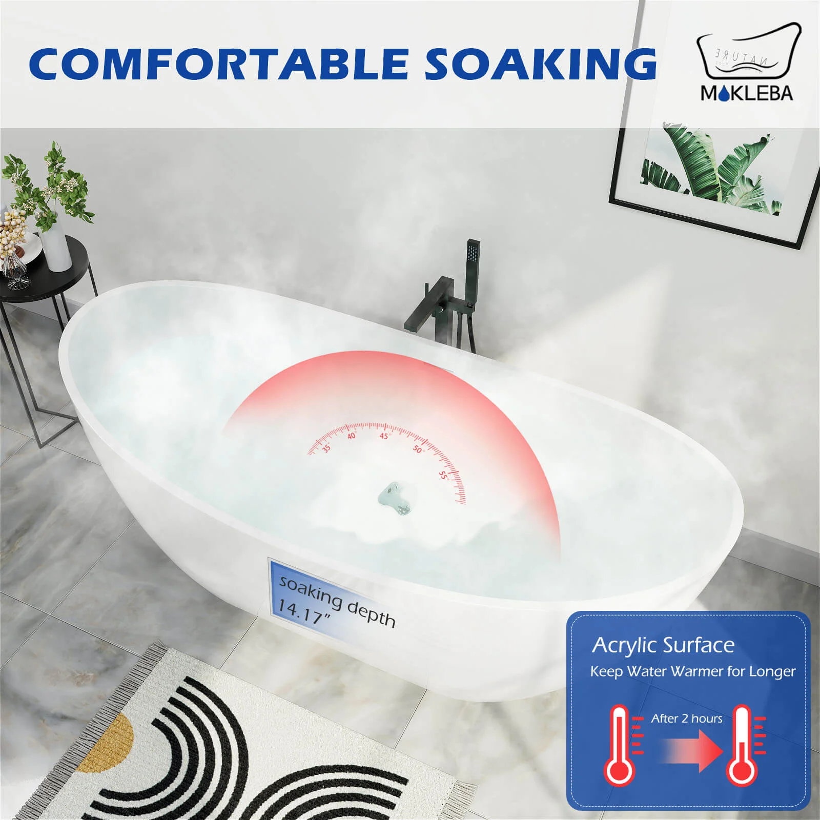 Mokleba 62" Acrylic Double Slipper Freestanding Soaking Bathtub Glossy White - Image 7