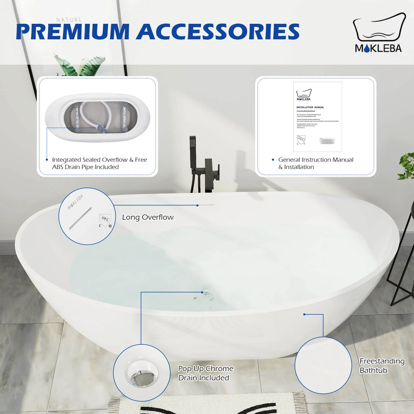 Mokleba 62" Acrylic Double Slipper Freestanding Soaking Bathtub Glossy White - Image 9