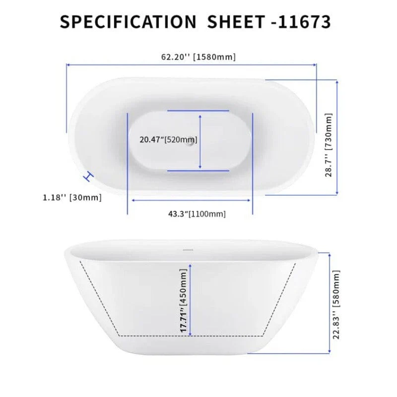 Mokleba 62 x 28 In Oval Freestanding Soaking Bathtub Acrylic White - Image 6