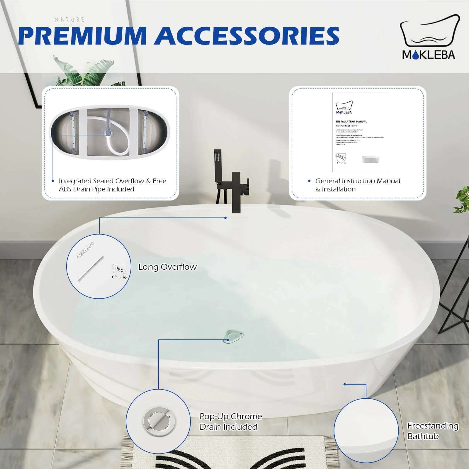 Mokleba 59" Acrylic Modern Bathtub Oval Shape Freestanding Soaking Tub - Image 14