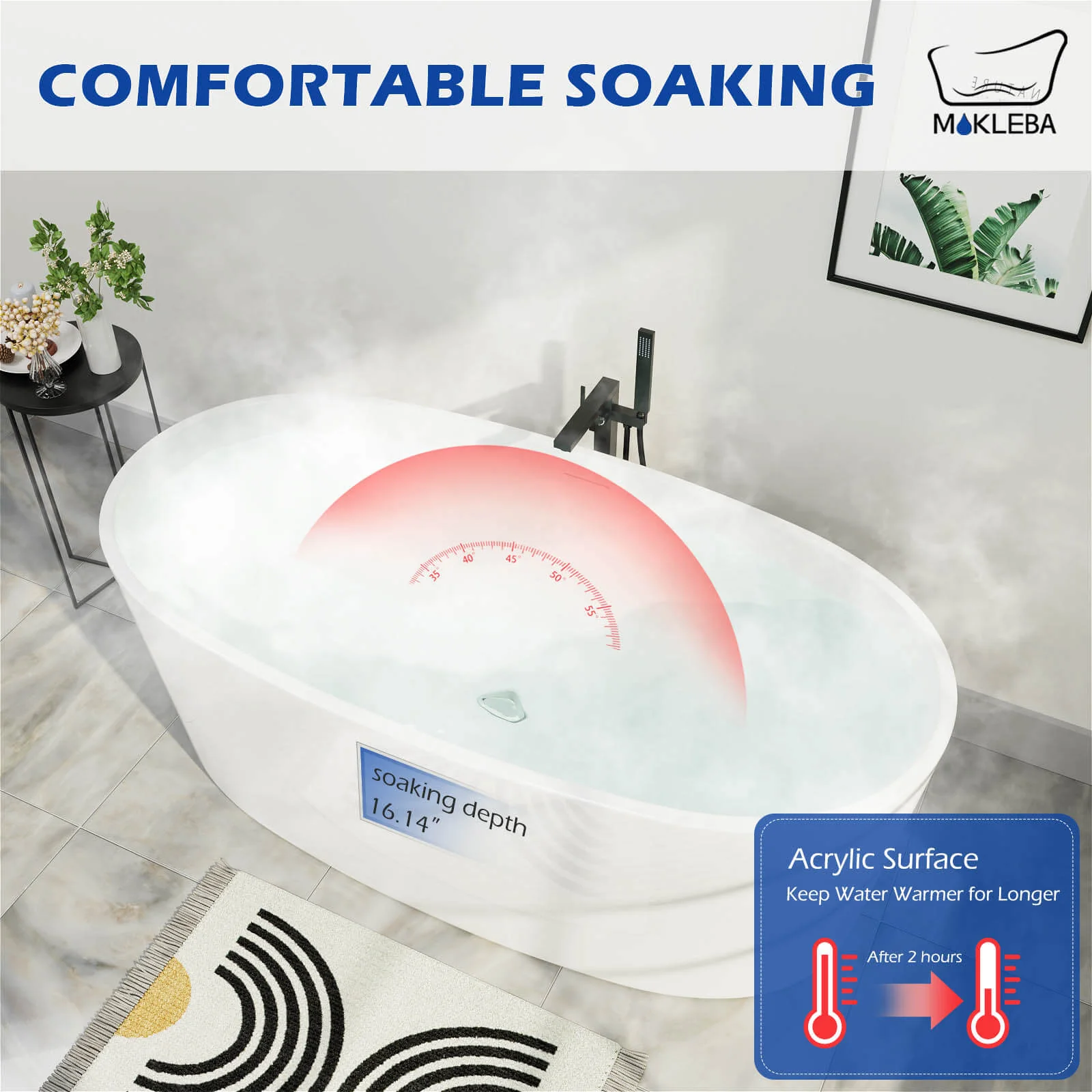 Mokleba 59" Acrylic Modern Bathtub Oval Shape Freestanding Soaking Tub - Image 17