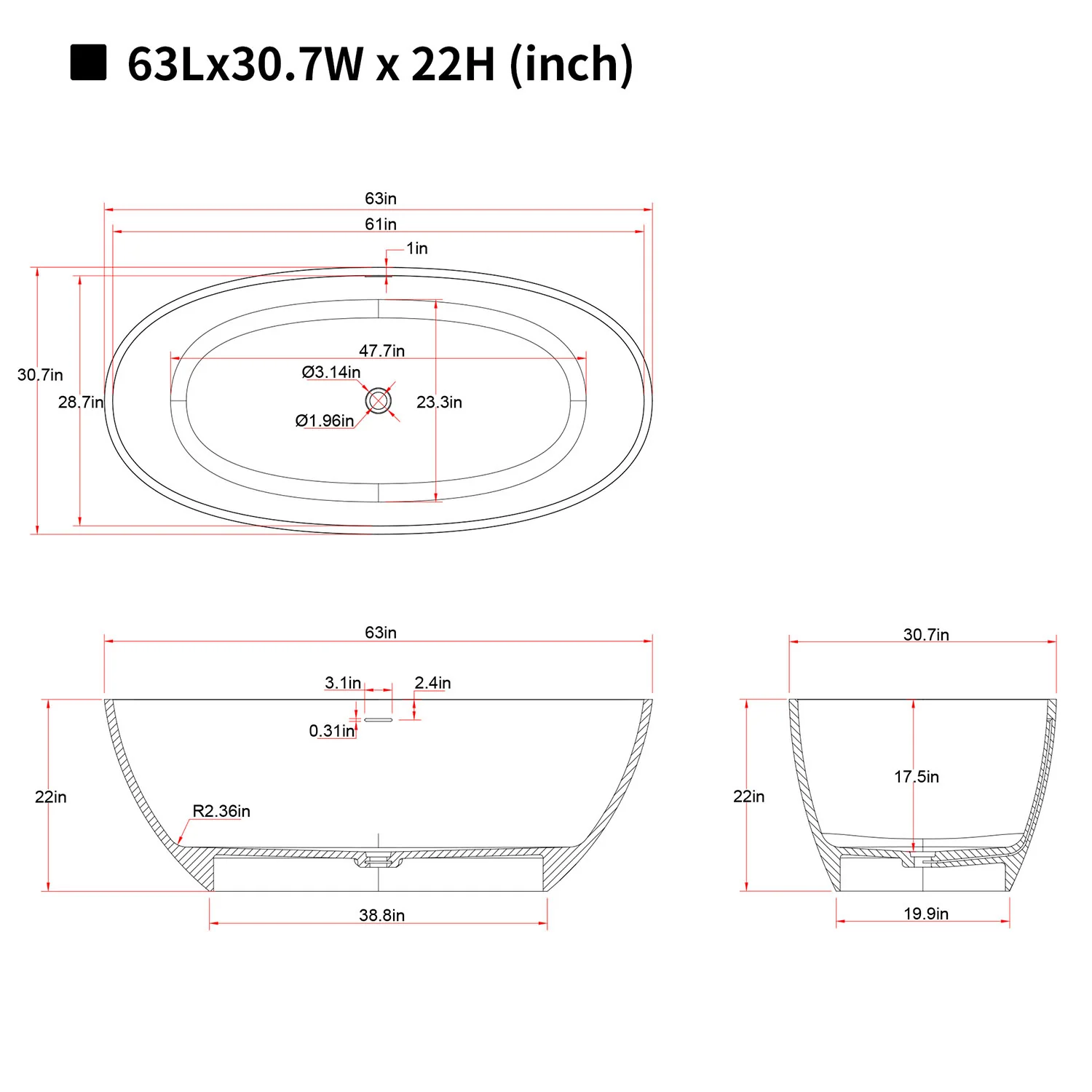 63" Beige Freestanding Bathtub – Durable & Easy to Clean - Image 6
